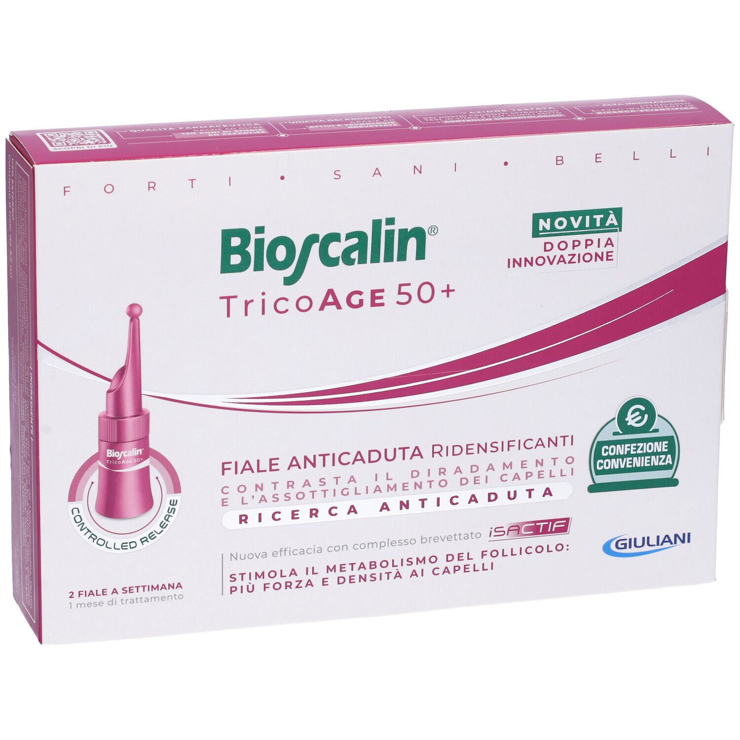 Confezione Bioscalin TricoAge 50+ con fiale. Design rosa e bianco. Immagine delle fiale.