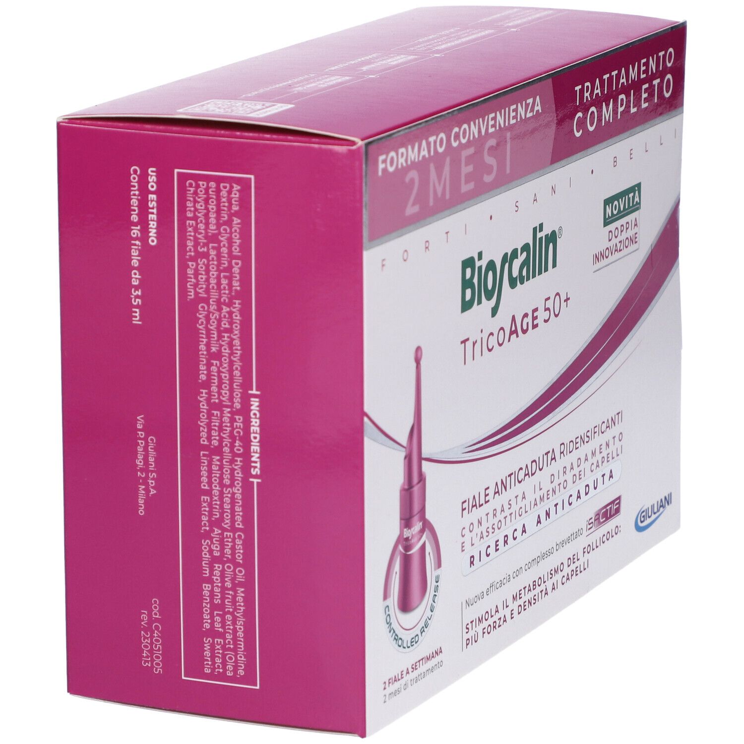 Confezione Bioscalin TricoAge 50+. Vista laterale. Testo: "Fiale Anticaduta Ridensificanti".