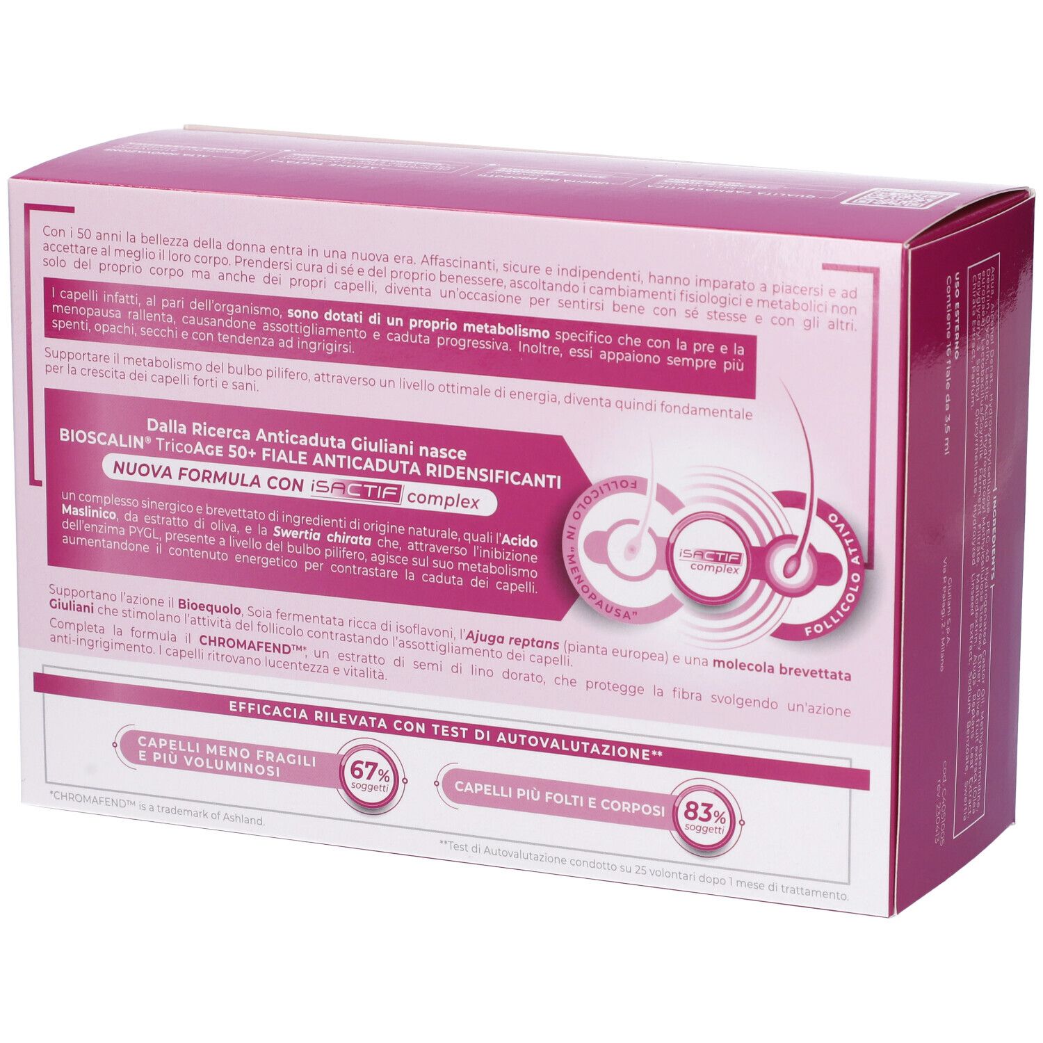 Confezione Bioscalin TricoAge 50+. Retro. Testo: "Fiale Anticaduta Ridensificanti".