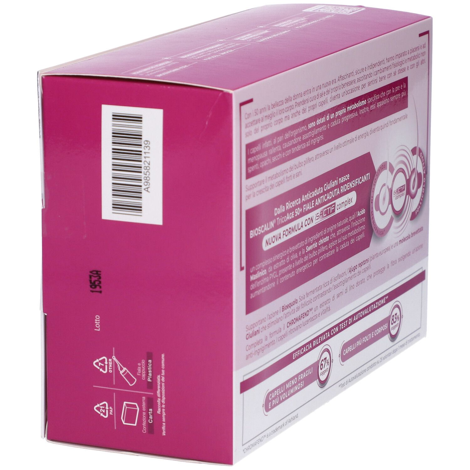 Confezione Bioscalin TricoAge 50+. Vista laterale con codice a barre. Testo: "Fiale Anticaduta Ridensificanti".