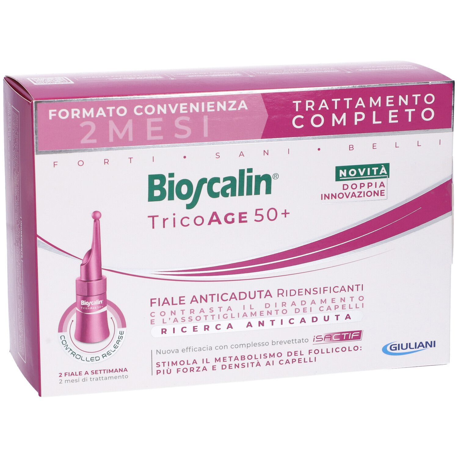 Confezione Bioscalin TricoAge 50+. Contiene fiale. Testo: "Fiale Anticaduta Ridensificanti".