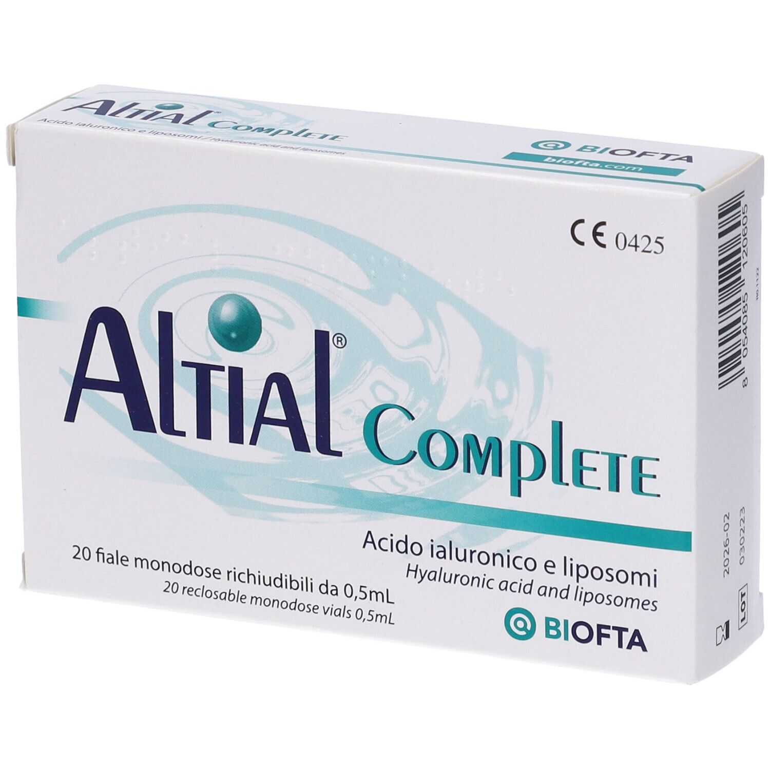 Scatola bianca 'Altial Complete'. Contiene 20 fiale monodose richiudibili da 0,5 ml.