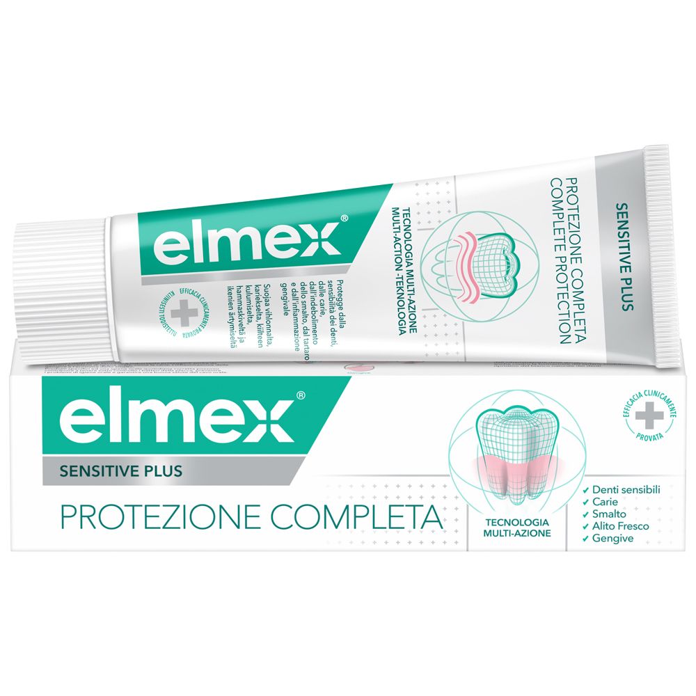 Tubo e scatola di dentifricio Elmex Sensitive Plus. Scritto: Protezione Completa, Sensitive Plus.