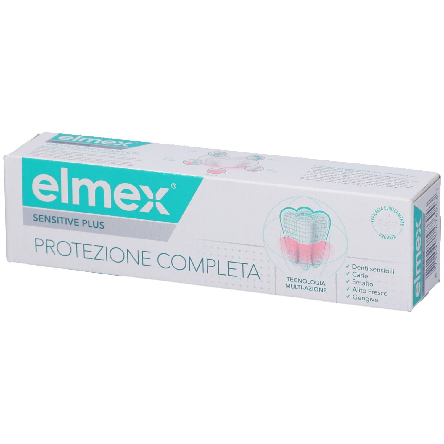 Scatola di dentifricio. Marchio: Elmex Sensitive Plus. Testo: Protezione Completa, Multi-azione.