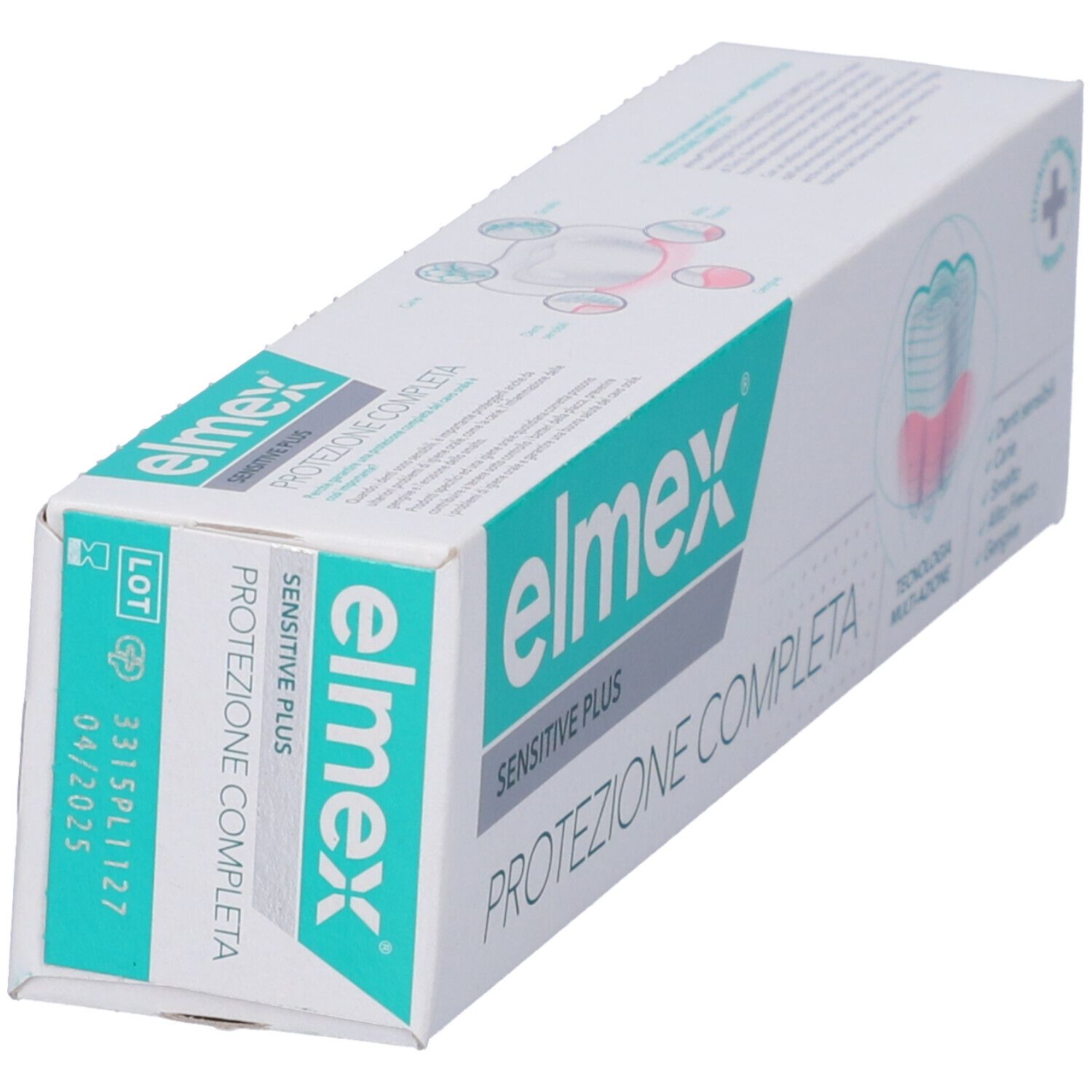 Scatola di dentifricio. Marchio: Elmex Sensitive Plus. Testo: Protezione Completa, Multi-azione. Con numero di lotto.