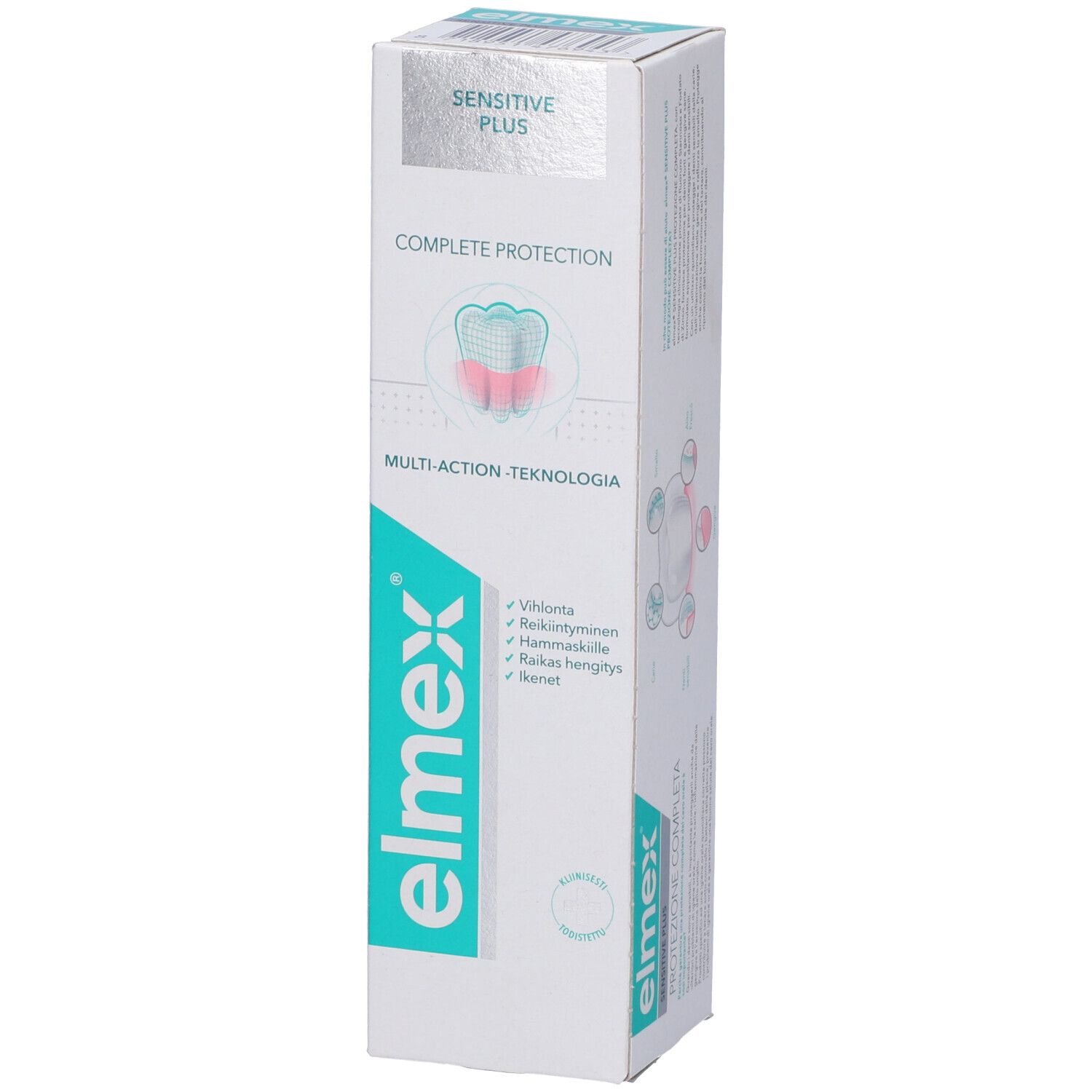 Scatola di dentifricio. Marchio: Elmex Sensitive Plus. Testo: Protezione Completa, Multi-azione. Con informazioni.