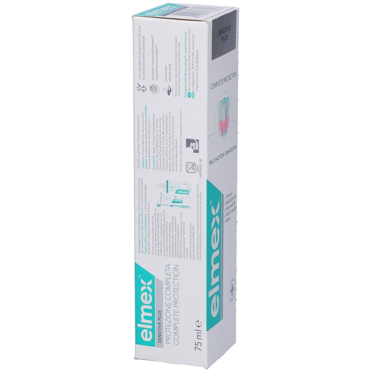 Scatola di dentifricio. Marchio: Elmex Sensitive Plus. Testo: Protezione Completa, 75ml.