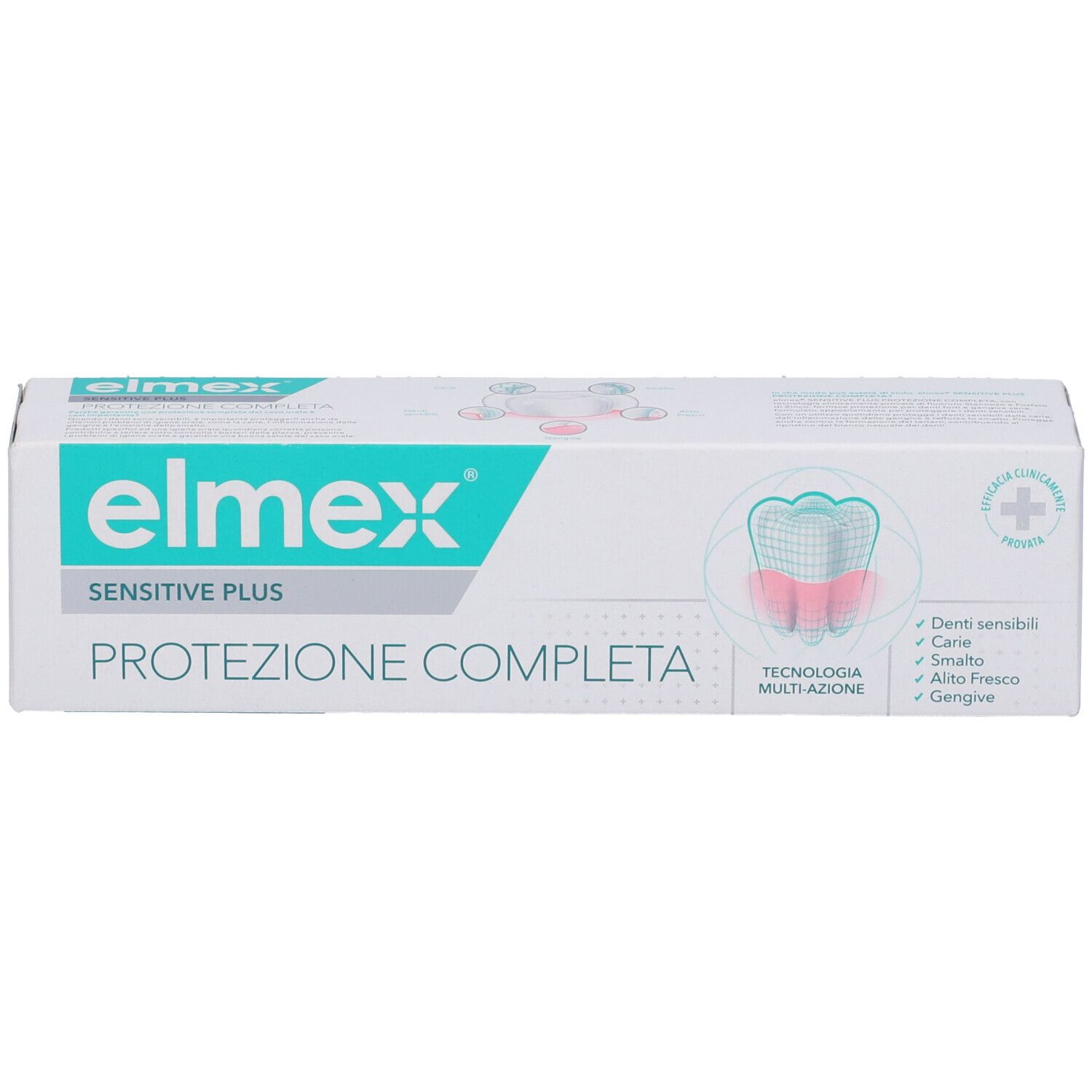 Scatola di dentifricio. Marchio: Elmex Sensitive Plus. Testo: Protezione Completa, Multi-azione.