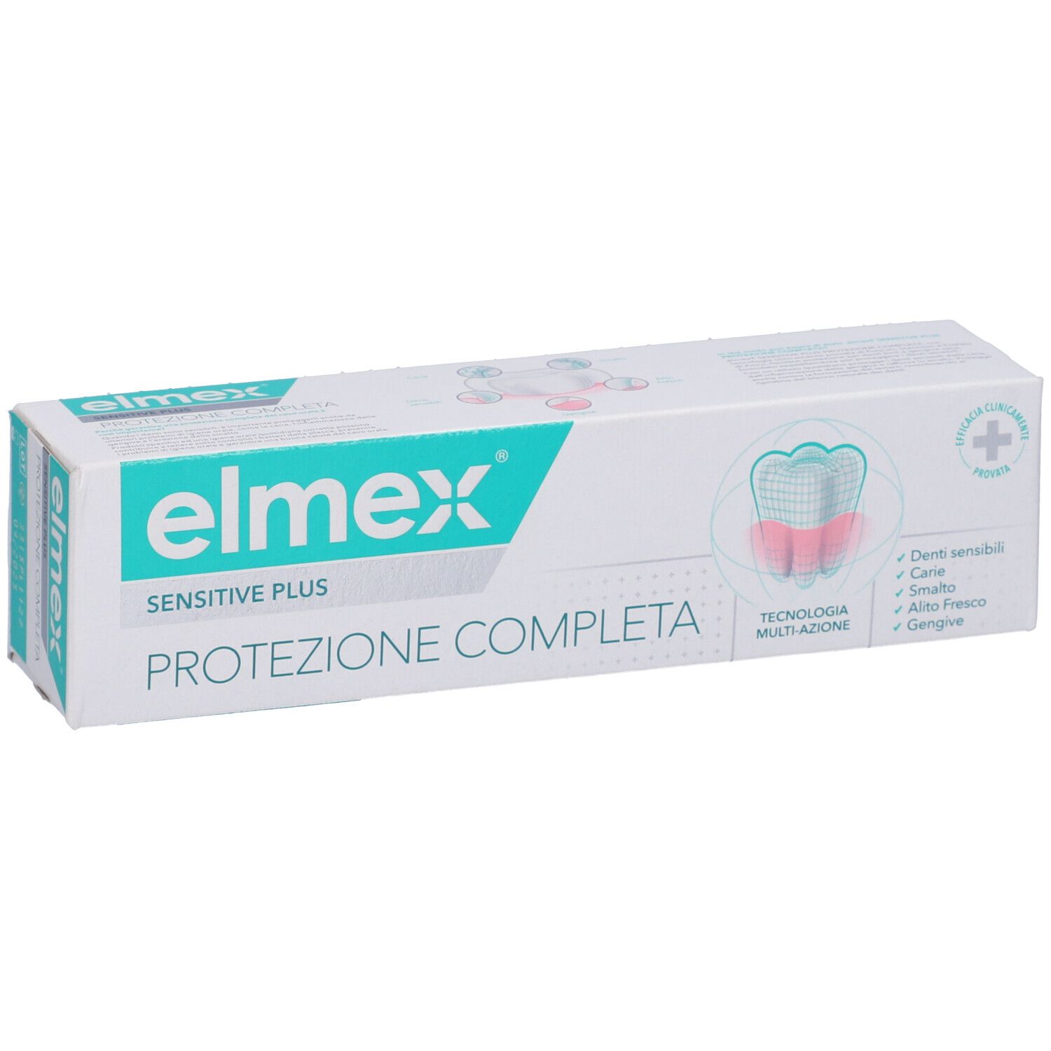 Scatola di dentifricio. Marchio: Elmex Sensitive Plus. Testo: Protezione Completa, Multi-azione.