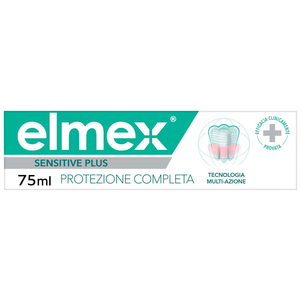 Tubo di dentifricio Elmex Sensitive Plus. Scritto: Protezione Completa, 75ml. Efficacia clinicamente provata.