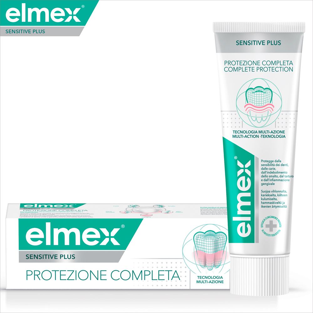 Tubo e scatola di dentifricio Elmex Sensitive Plus. Scritto: Protezione Completa, Sensitive Plus.