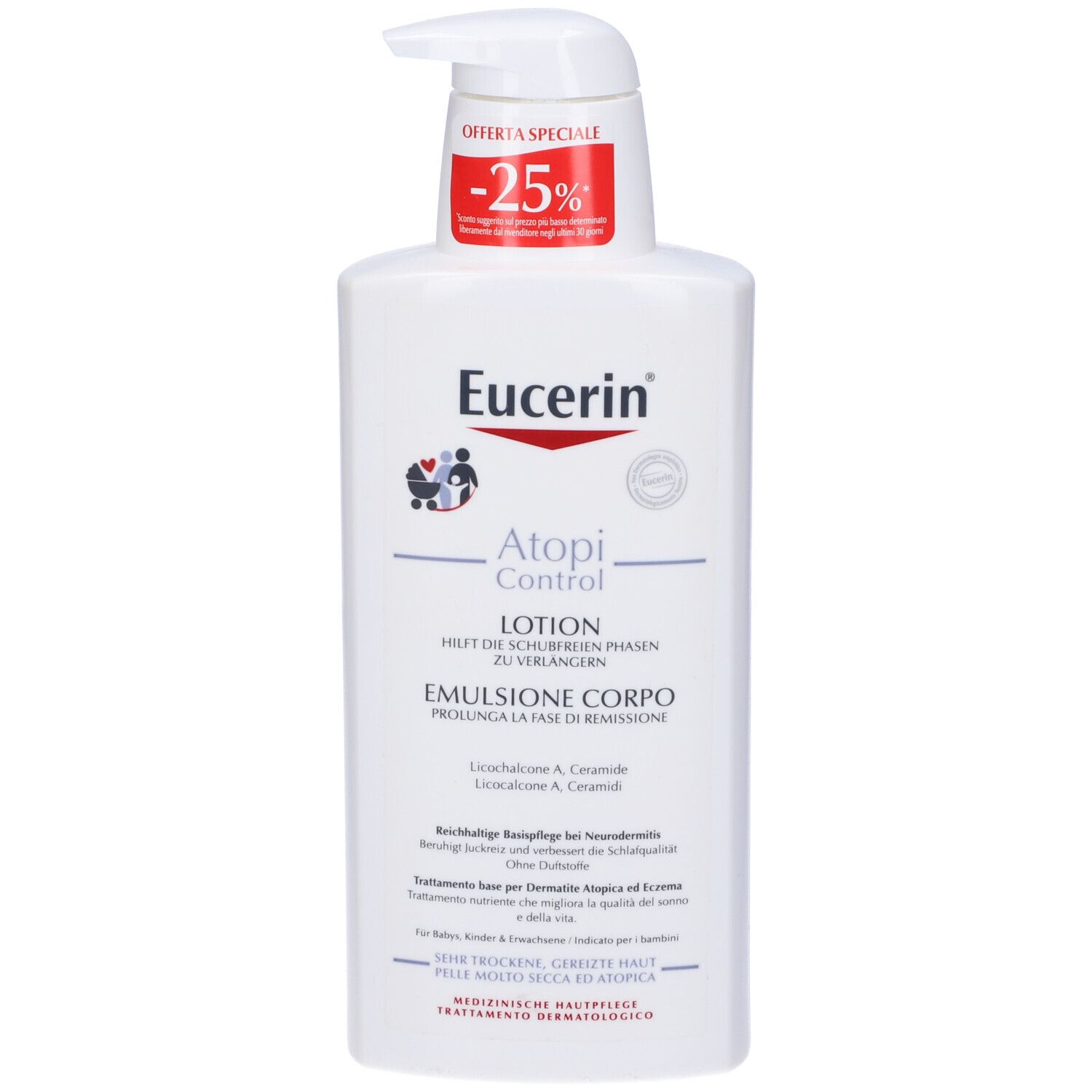 Flacone bianco con dosatore. Scritta Eucerin, Atopi Control, Lotion, Emulsione Corpo. Adesivo -25% di sconto.