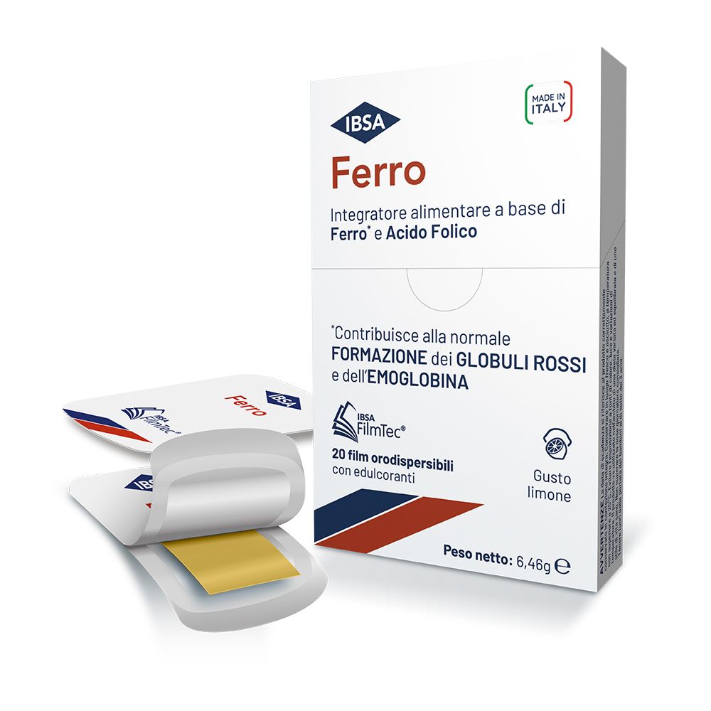 Confezione di integratore alimentare IBSA Ferro. Contiene 20 film orodispersibili con edulcoranti. Prodotto in Italia.