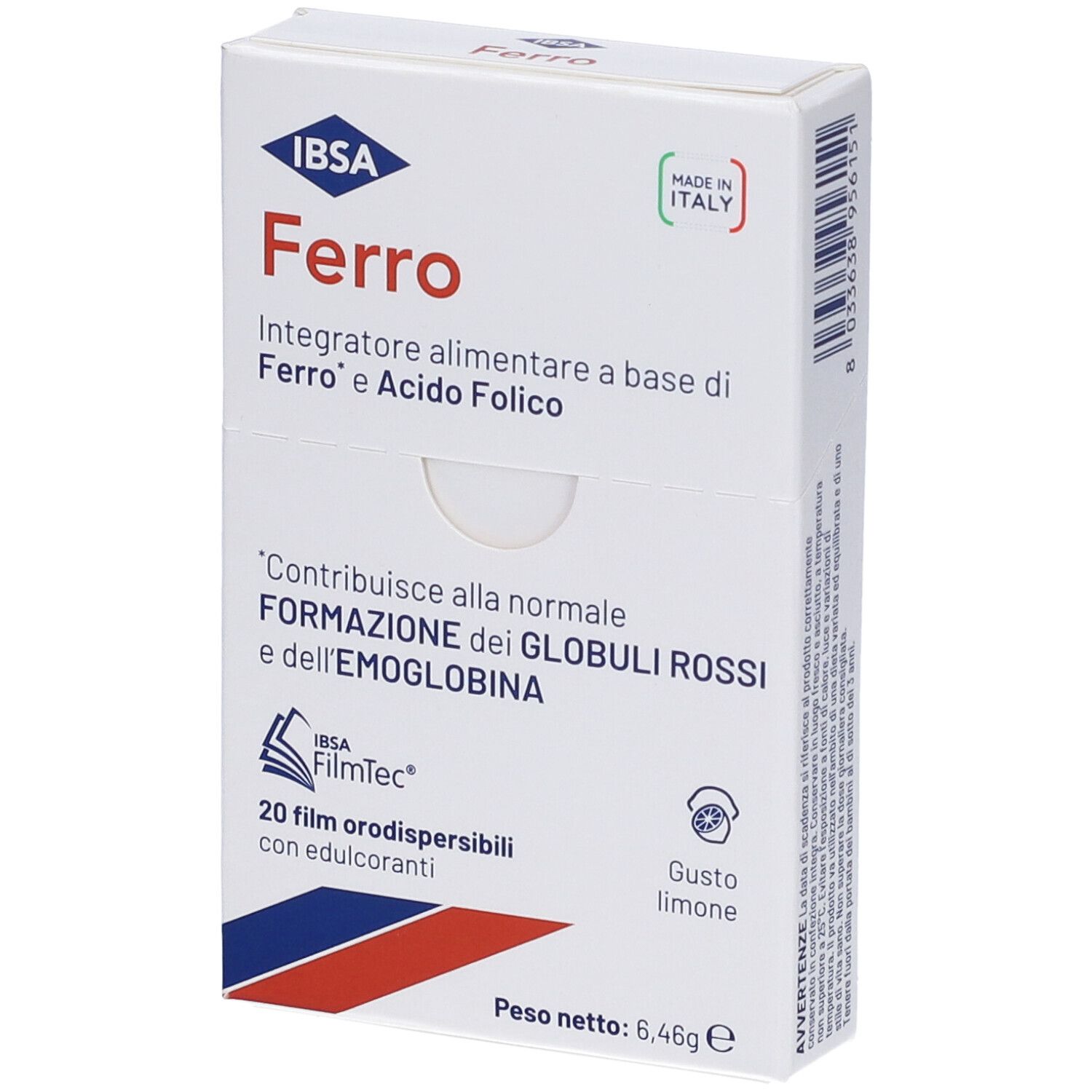 Confezione di IBSA Ferro. Integratore alimentare a base di ferro e acido folico. Contiene 20 film orodispersibili.