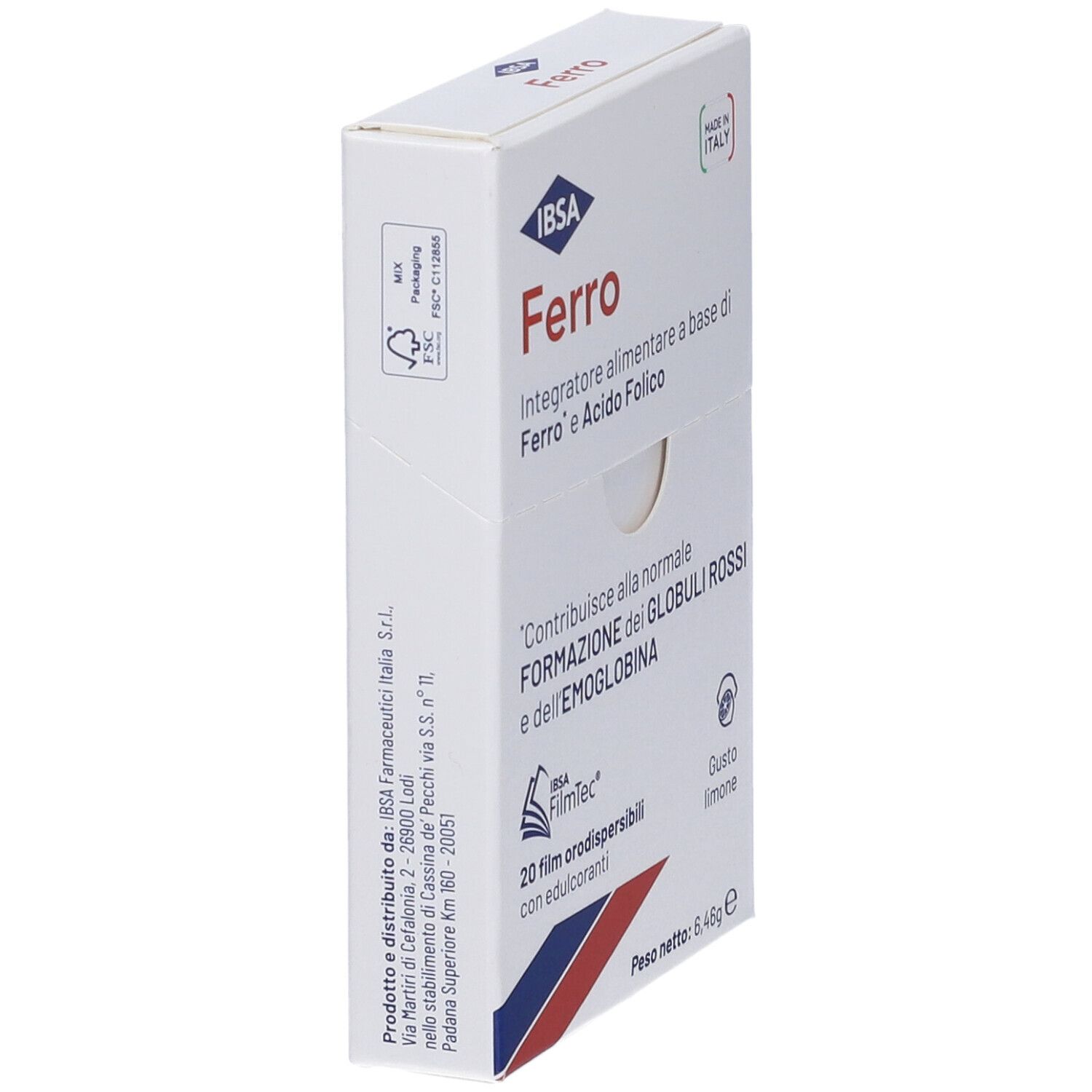 Confezione di IBSA Ferro. Integratore alimentare a base di ferro e acido folico. Contiene 20 film orodispersibili.