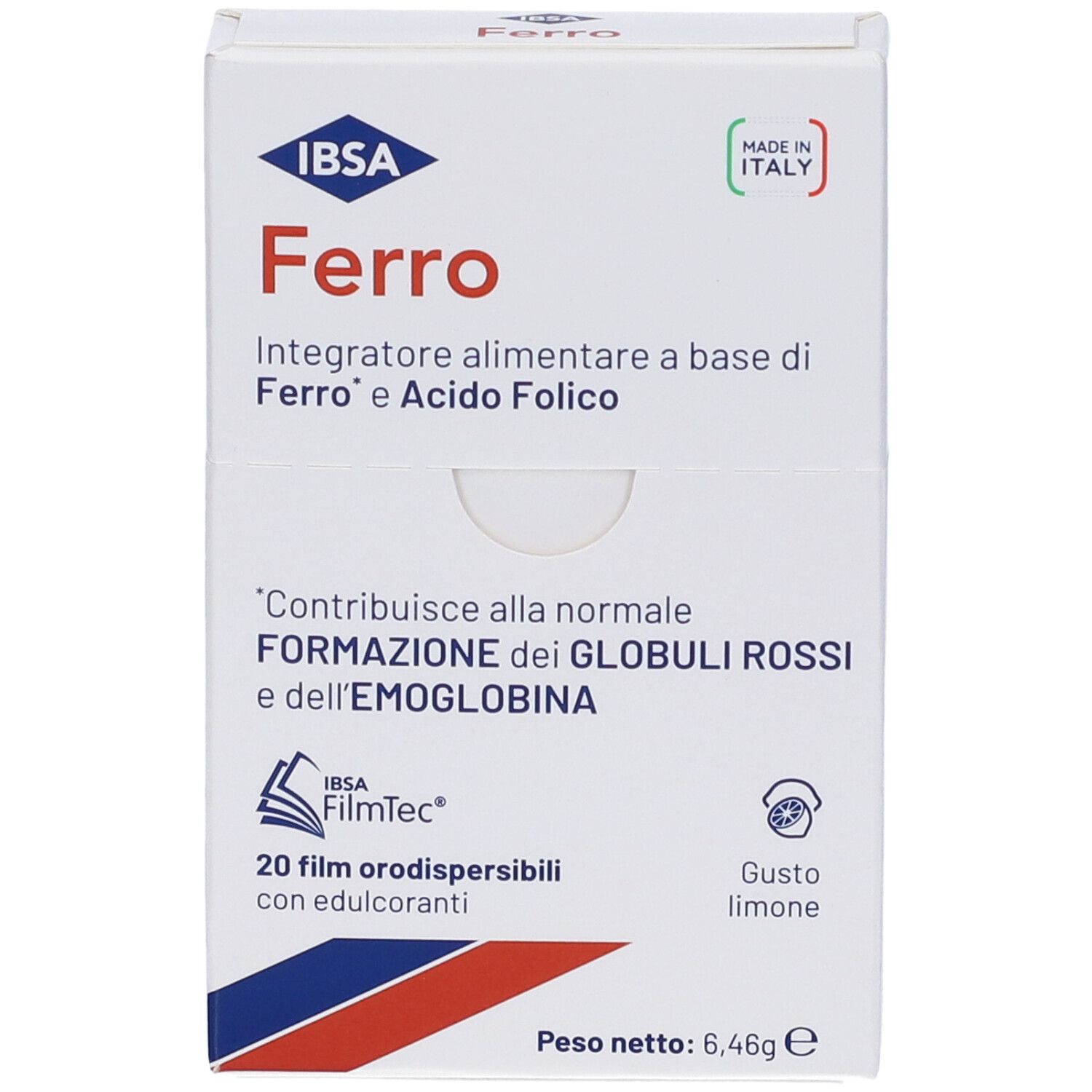Fronte della confezione di IBSA Ferro. Integratore alimentare a base di ferro e acido folico. Contiene 20 film orodispersibili.