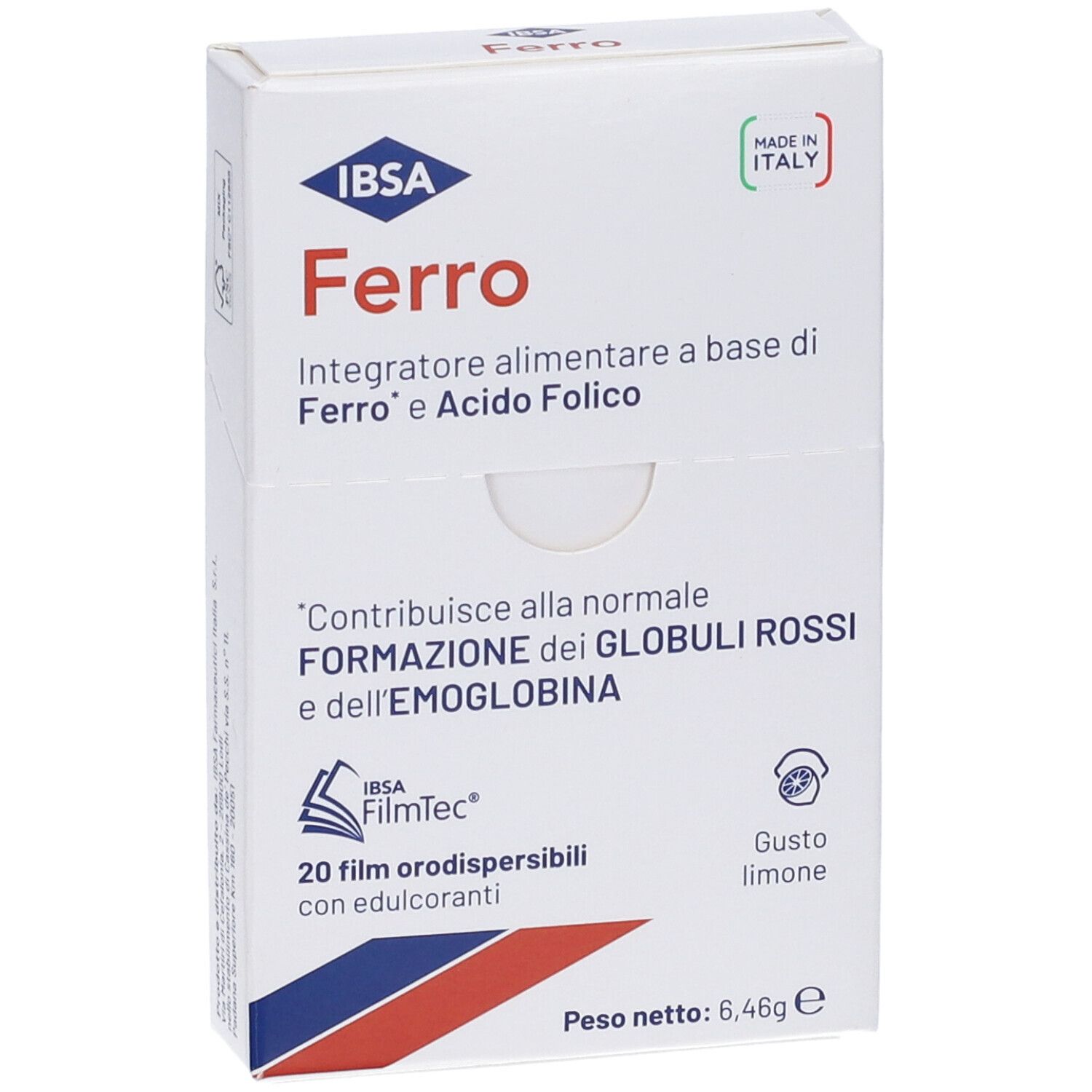 Fronte della confezione di IBSA Ferro. Integratore alimentare a base di ferro e acido folico. Contiene 20 film orodispersibili.