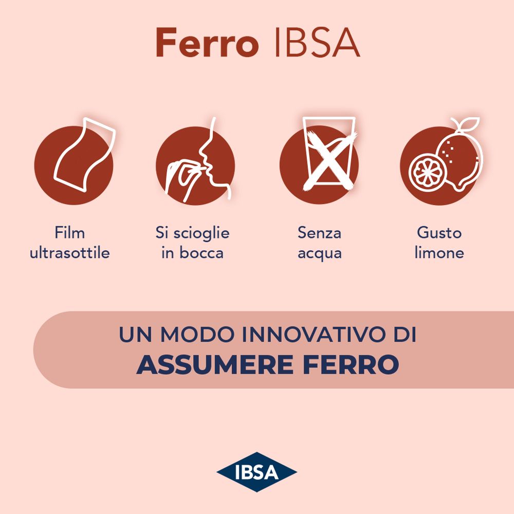 Infografica su IBSA Ferro. Mostra icone per film ultrasottile, scioglimento in bocca, senza acqua e gusto limone.