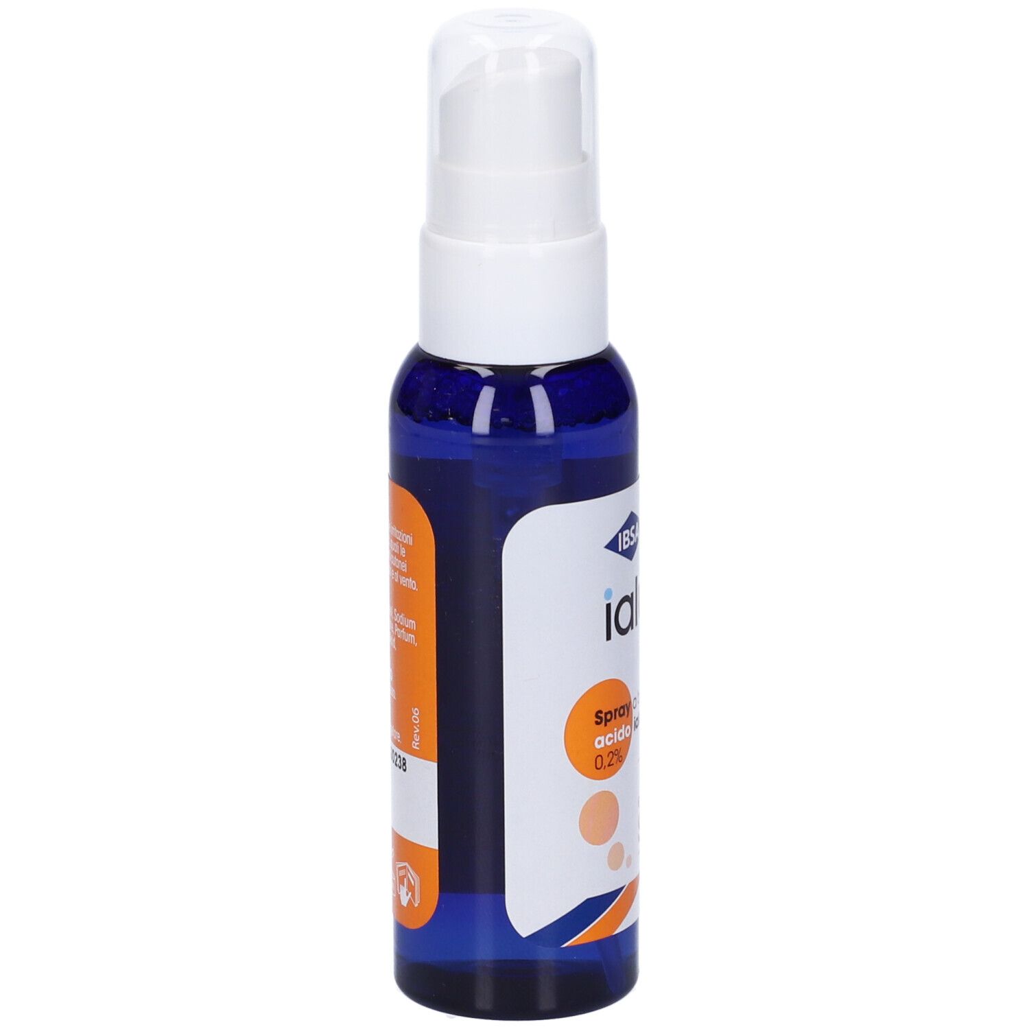 Blaue Sprühflasche mit weißem Sprühkopf. Aufschrift: IBSA Ialuset Sun. Etikett mit Inhaltsstoffen und Anweisungen.