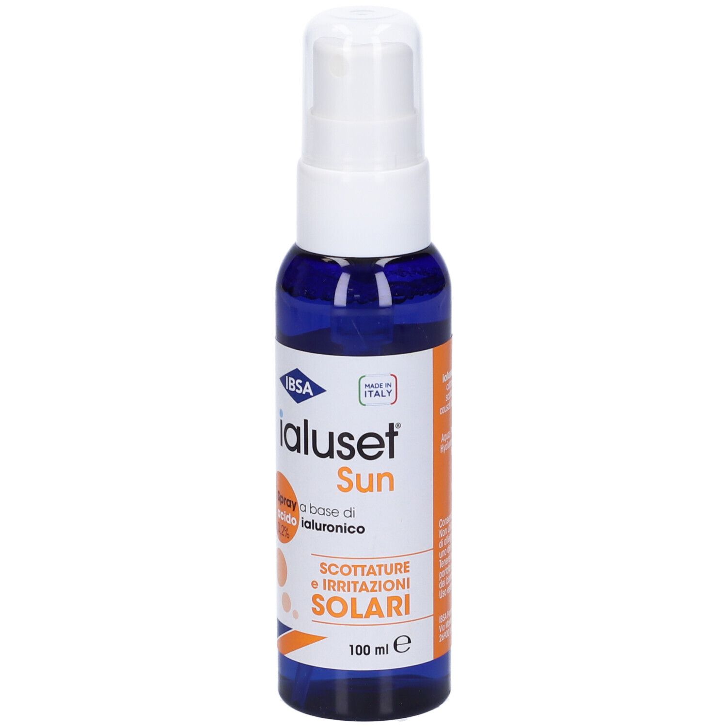 Blau-weiße Sprühflasche mit weißem Sprühkopf. Aufschrift: IBSA Ialuset Sun, Spray, 0,2% Hyaluronsäure, Sonnenbrand, 100 ml.