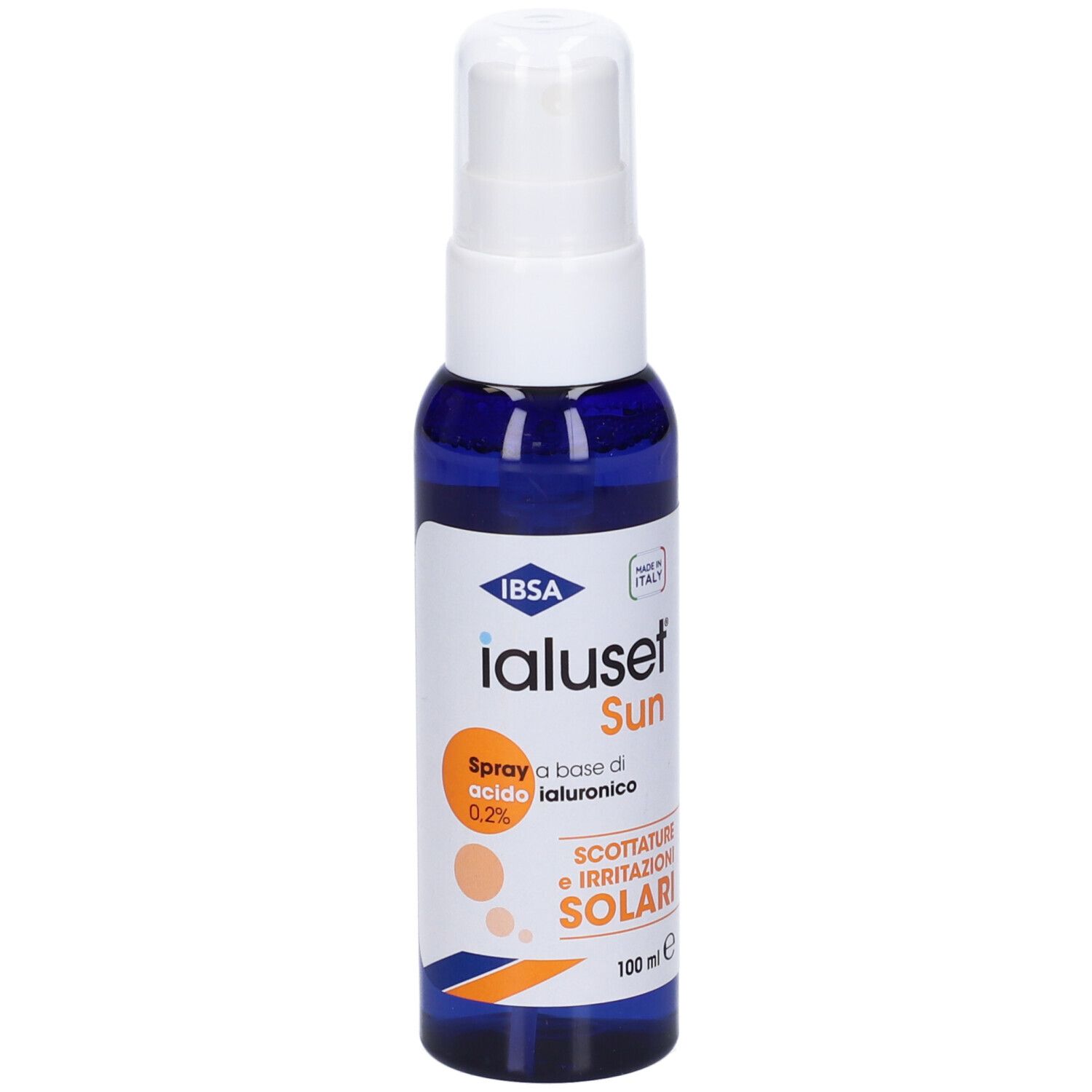 Blau-weiße Sprühflasche mit weißem Sprühkopf. Aufschrift: IBSA Ialuset Sun, Spray, 0,2% Hyaluronsäure, Sonnenbrand, 100 ml.