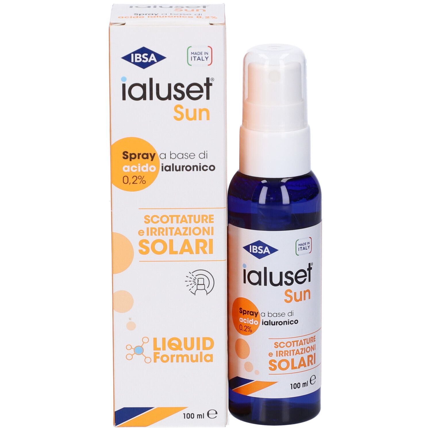 Produktverpackung mit Sprühflasche. Aufschrift: IBSA Ialuset Sun, Spray, 0,2% Hyaluronsäure, Sonnenbrand, 100 ml. Karton.