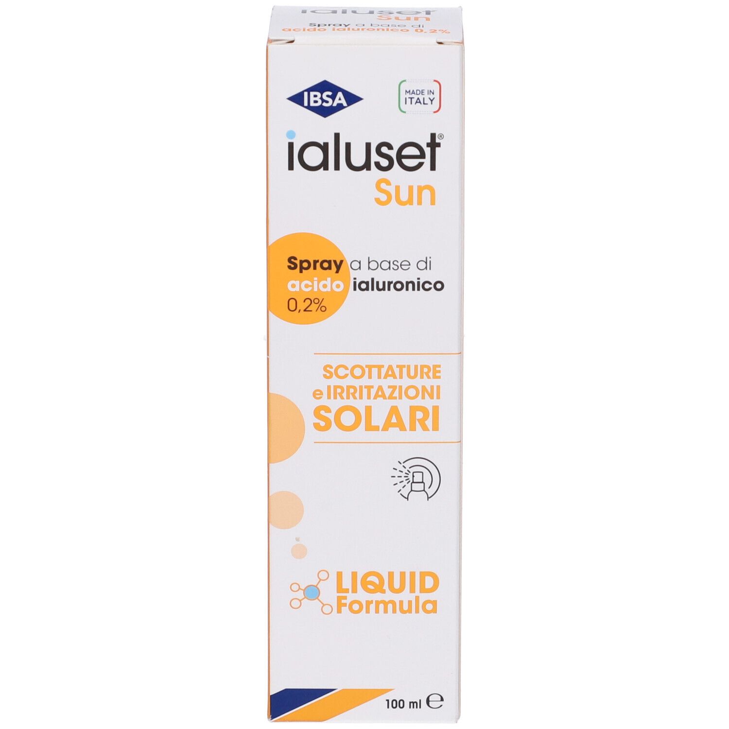 Produktverpackung mit Sprühflasche. Aufschrift: IBSA Ialuset Sun, Spray, 0,2% Hyaluronsäure, Sonnenbrand, 100 ml. Karton.