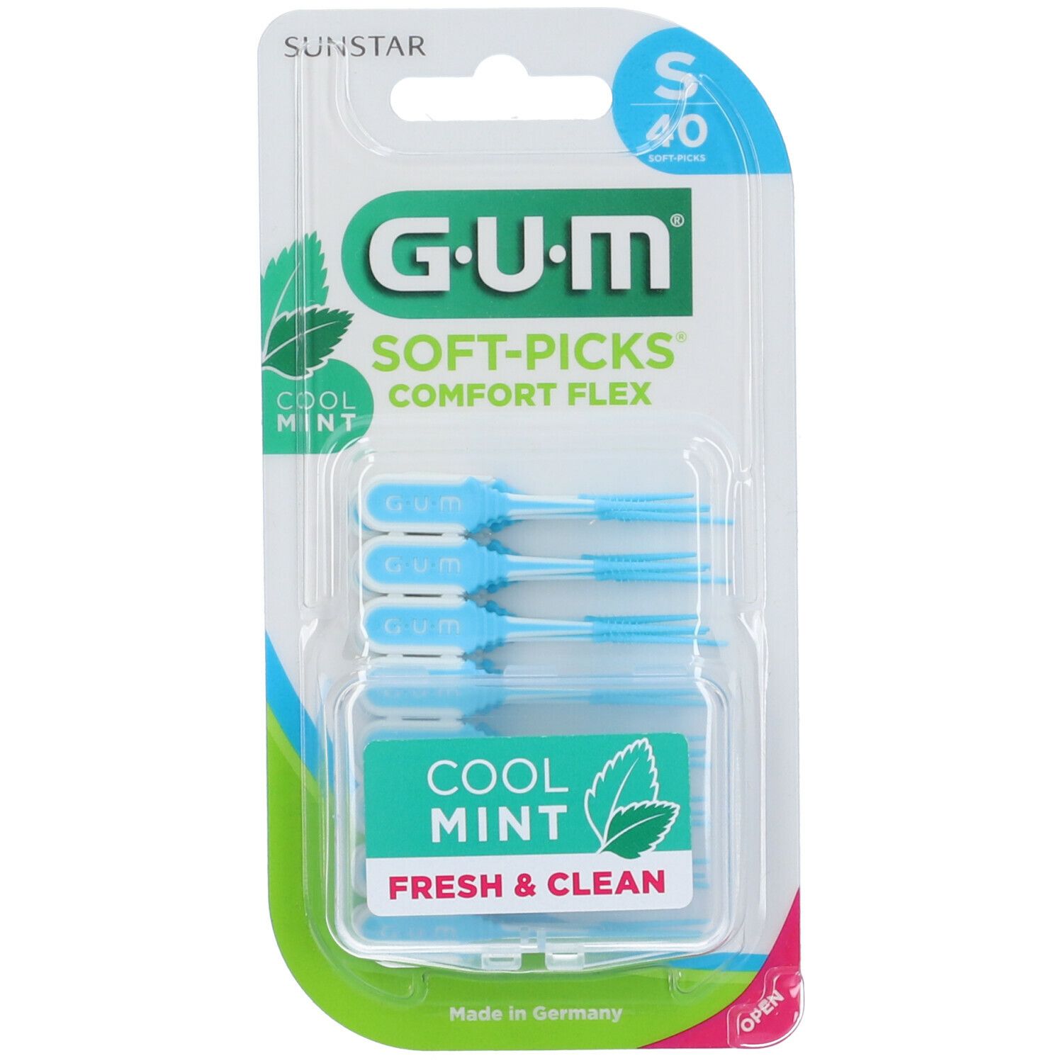 GUM Soft-Picks Comfort Flex Cool Mint. Confezione con scovolini blu, blister trasparente. Visibile: marchio, nome prodotto, menta.