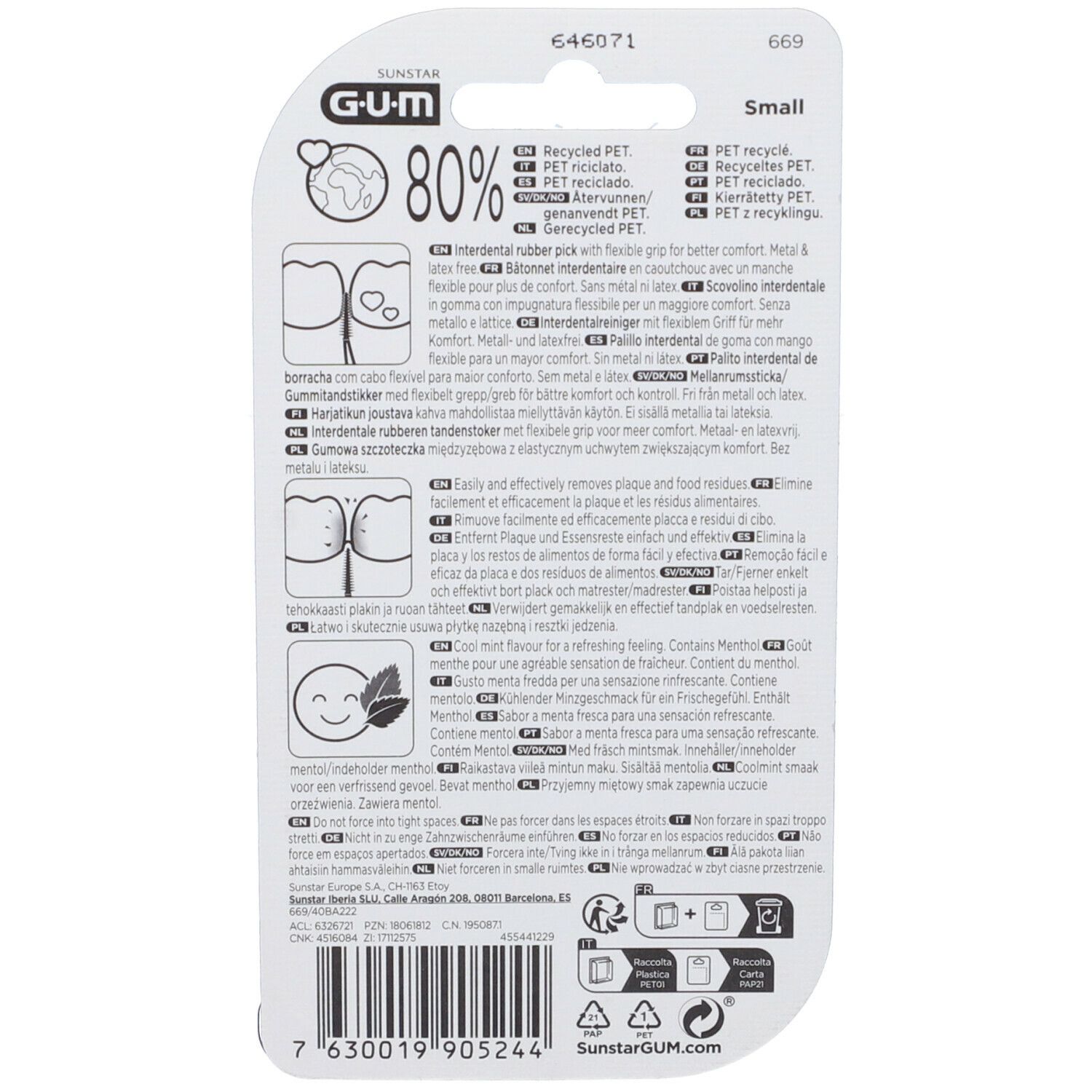 Retro confezione GUM Soft-Picks Comfort Flex Cool Mint. Testo multilingue. Logo riciclo, informazioni prodotto.