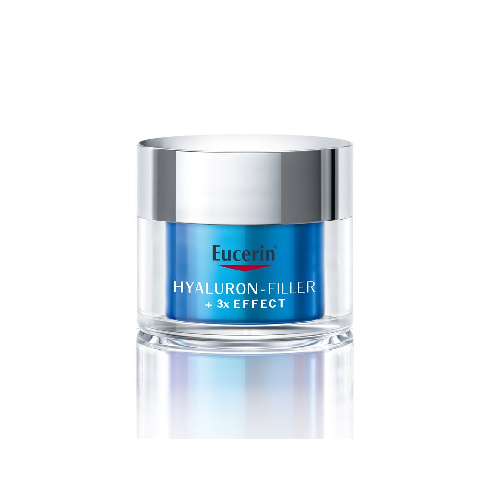 Creme-Tiegel mit silbernem Deckel. Blaue Flüssigkeit sichtbar. Eucerin-Logo und Schriftzug Hyaluron-Filler.