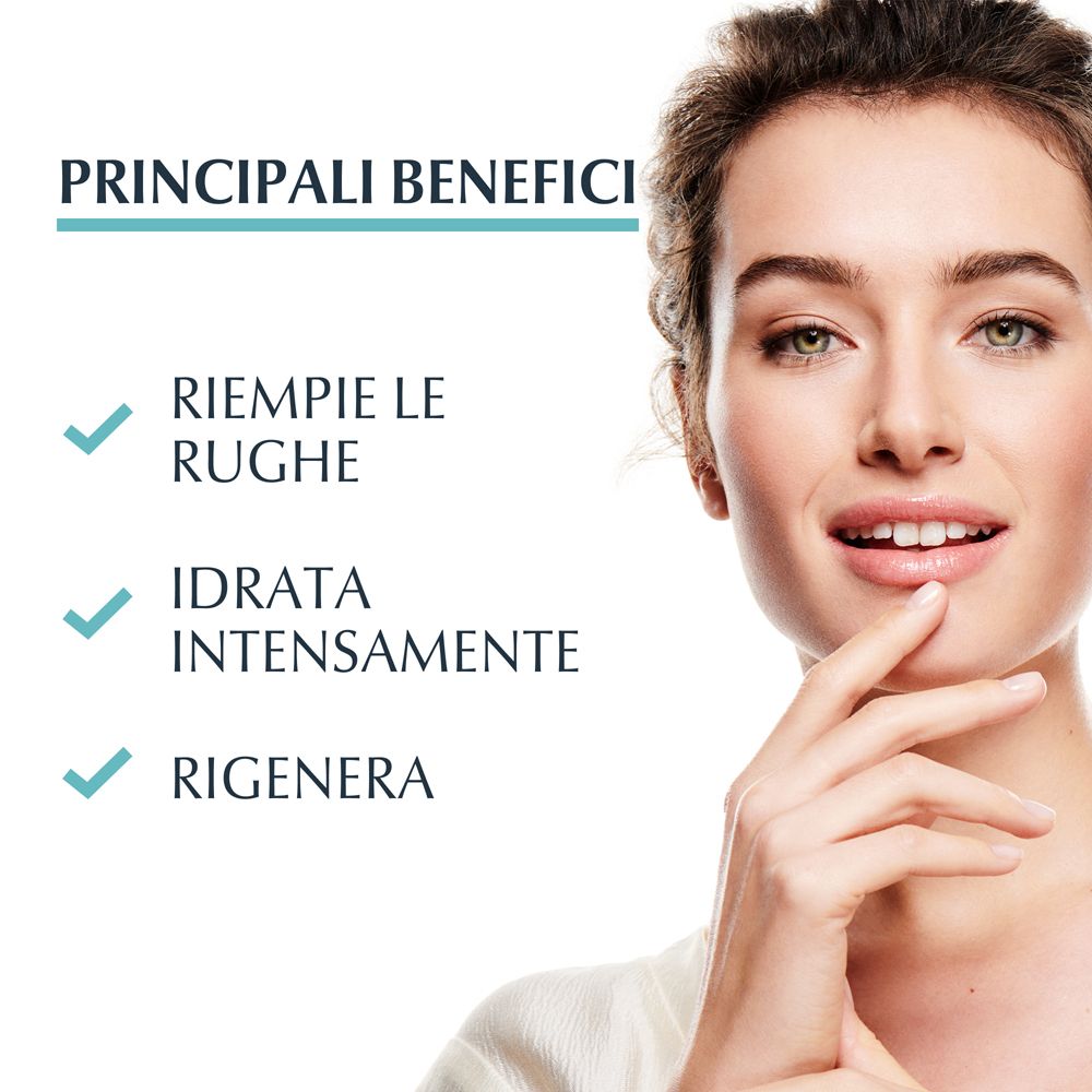 Frau mit Gesicht. Text: Principali Benefici, Riempe le rughe, Idratata intensamente, Rigenera.