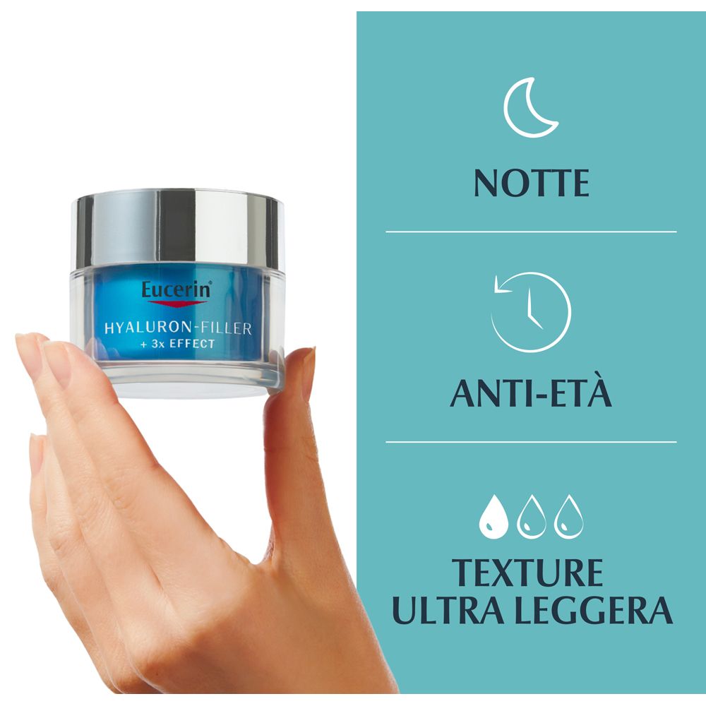Hand hält Creme-Tiegel. Text: Notte, Anti-età, Texture ultra leggera.