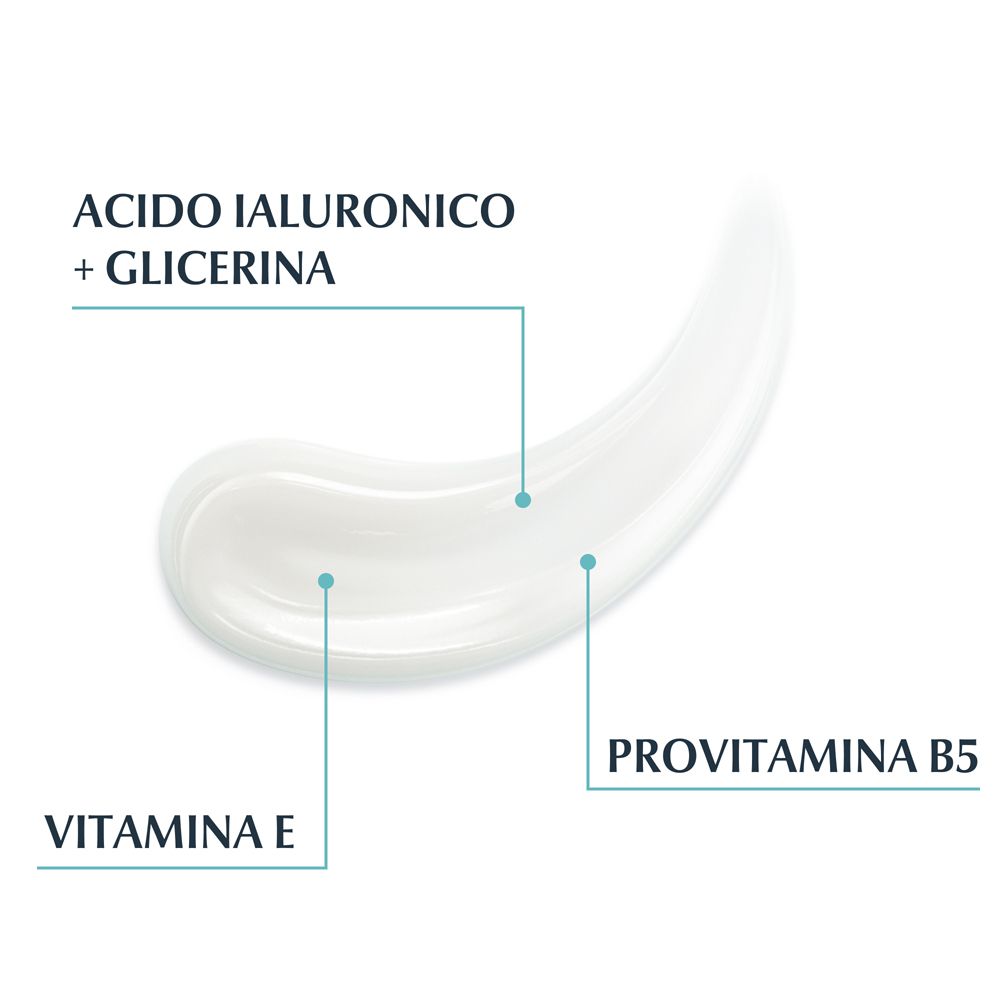 Weißer Hintergrund. Text: Acido Ialuronico + Glicerina, Vitamina E, Provitamina B5.