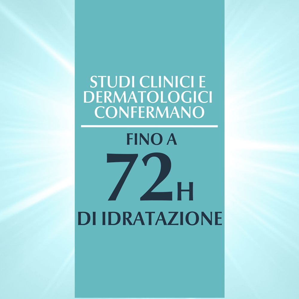 Blauer Hintergrund. Text: Studi Clinici e Dermatologici Confermano, 72H di idratazione.