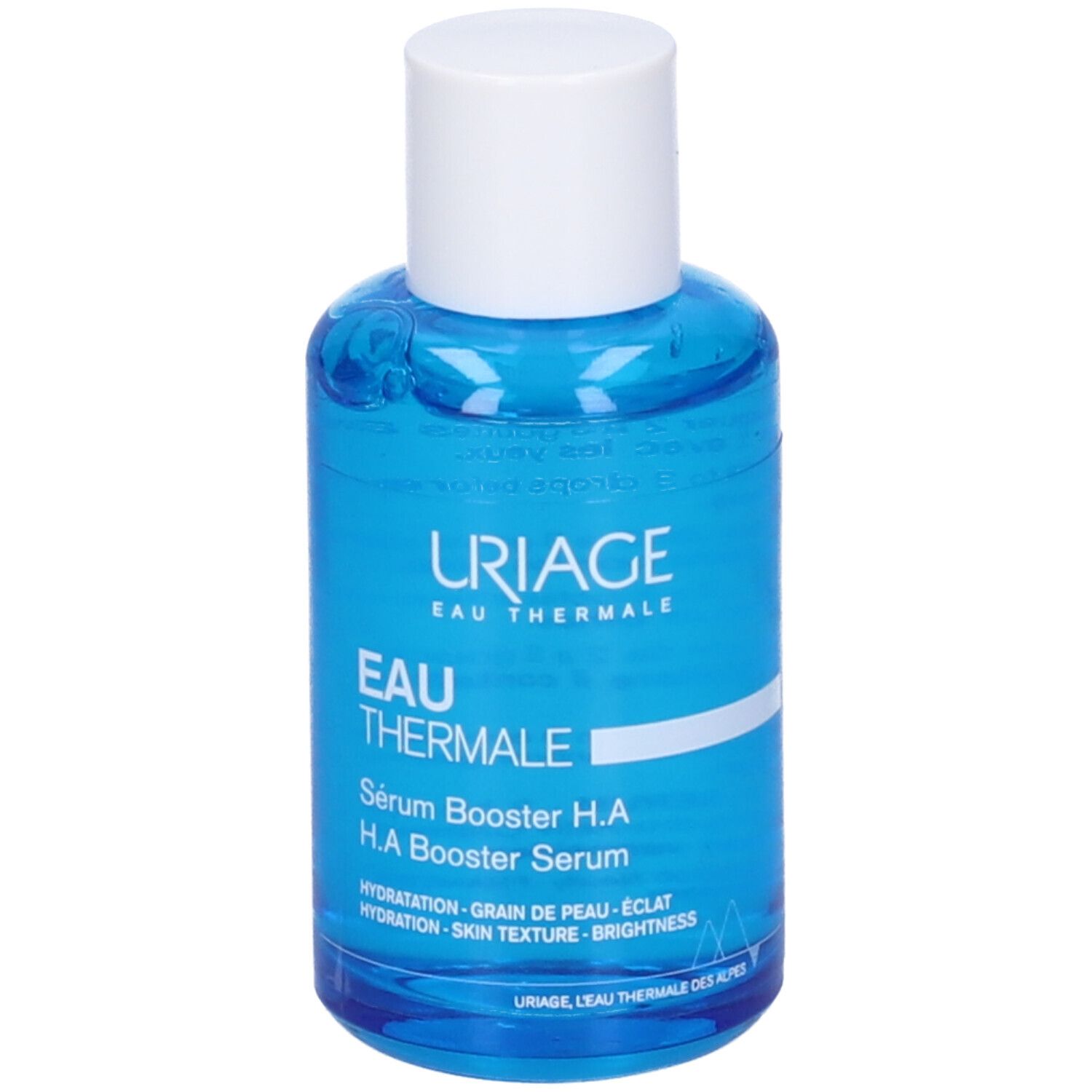Flacone di siero blu con tappo bianco. Scritta: URIAGE EAU THERMALE, Sérum Booster H.A.