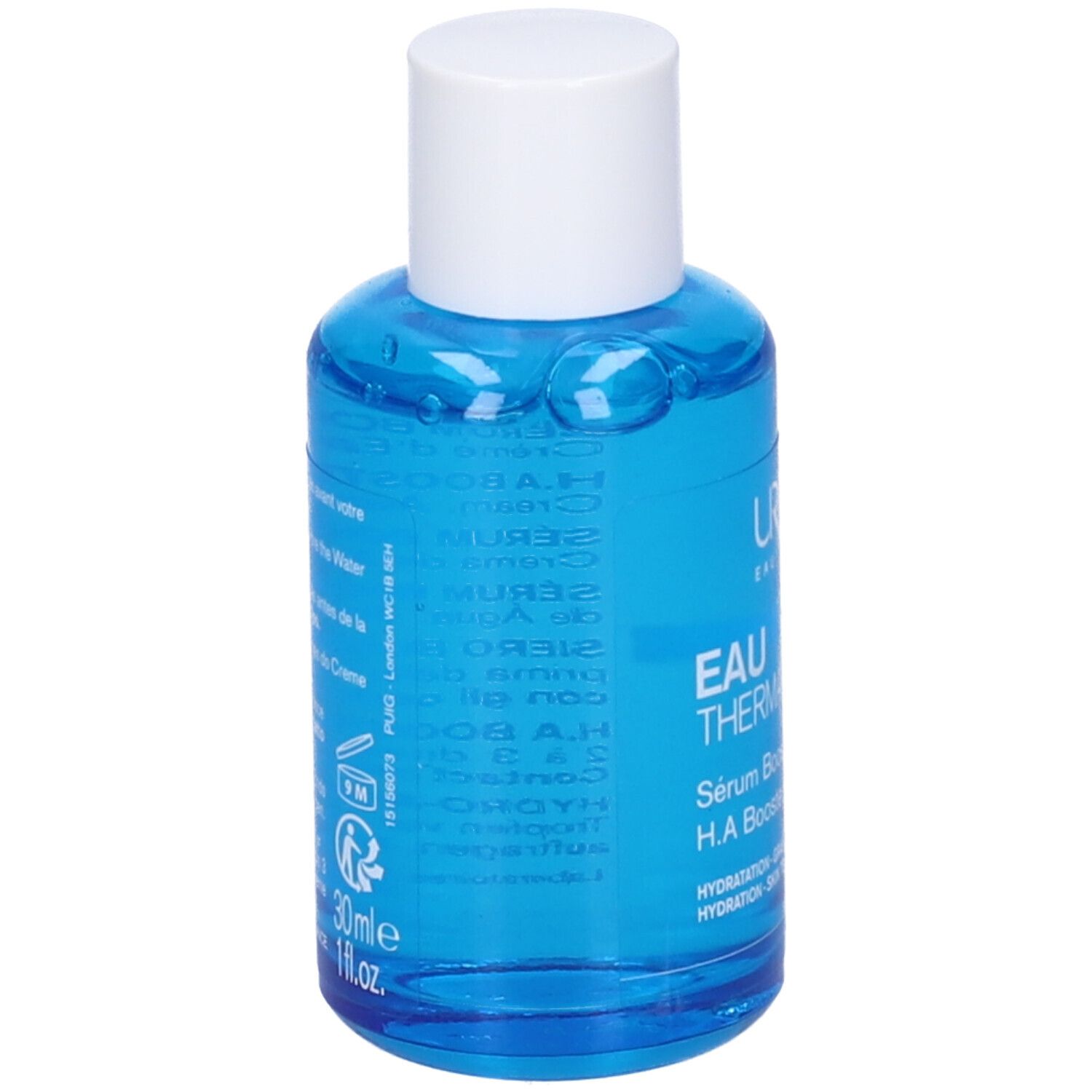 Retro del flacone di siero blu con tappo bianco. Testo multilingue. Scritta: URIAGE.