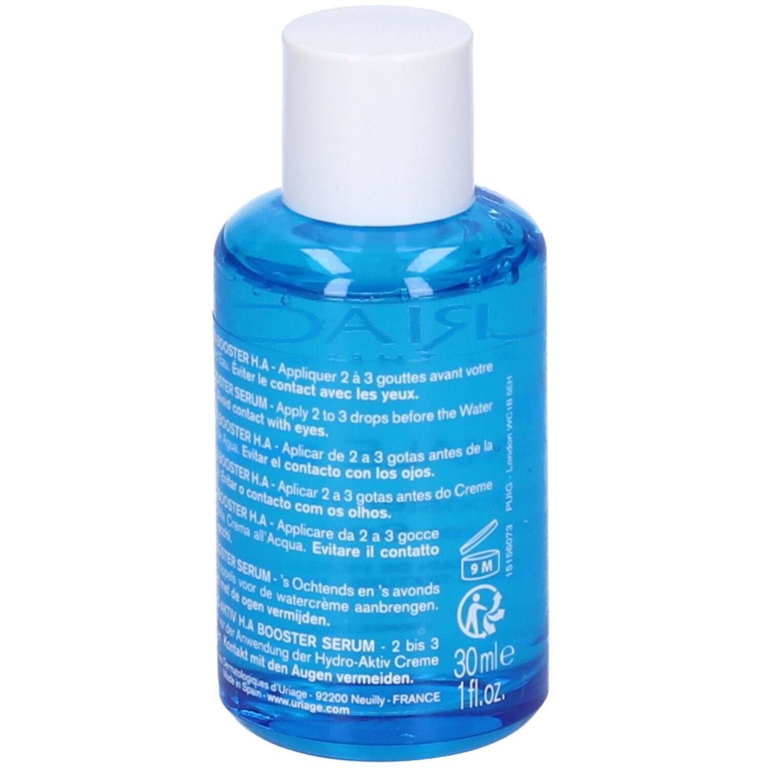 Retro del flacone di siero blu con tappo bianco. Testo multilingue. Scritta: URIAGE.
