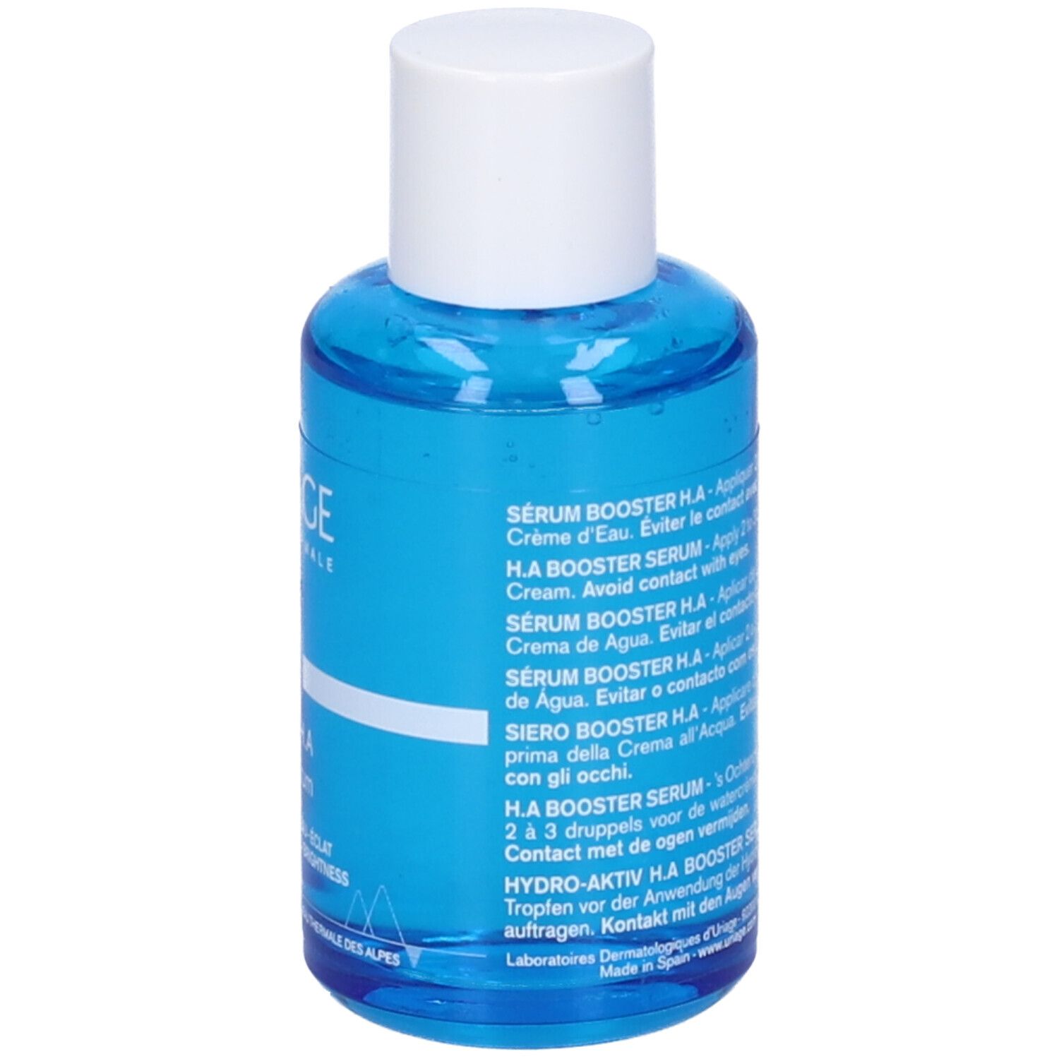 Flacone di siero blu con tappo bianco. Scritta: URIAGE EAU THERMALE, Sérum Booster H.A.