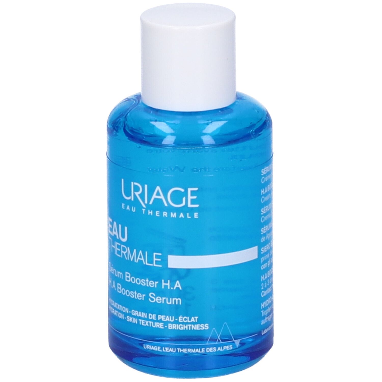 Flacone di siero blu con tappo bianco. Scritta: URIAGE EAU THERMALE, Sérum Booster H.A.