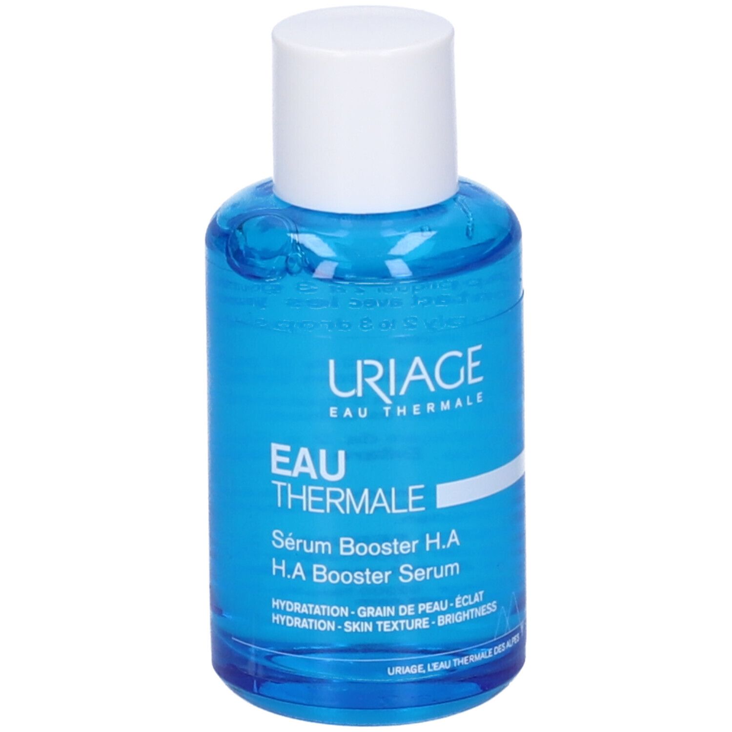 Flacone di siero con confezione. Scritta: URIAGE EAU THERMALE, Sérum Booster H.A. 1,5% Acido Ialuronico.