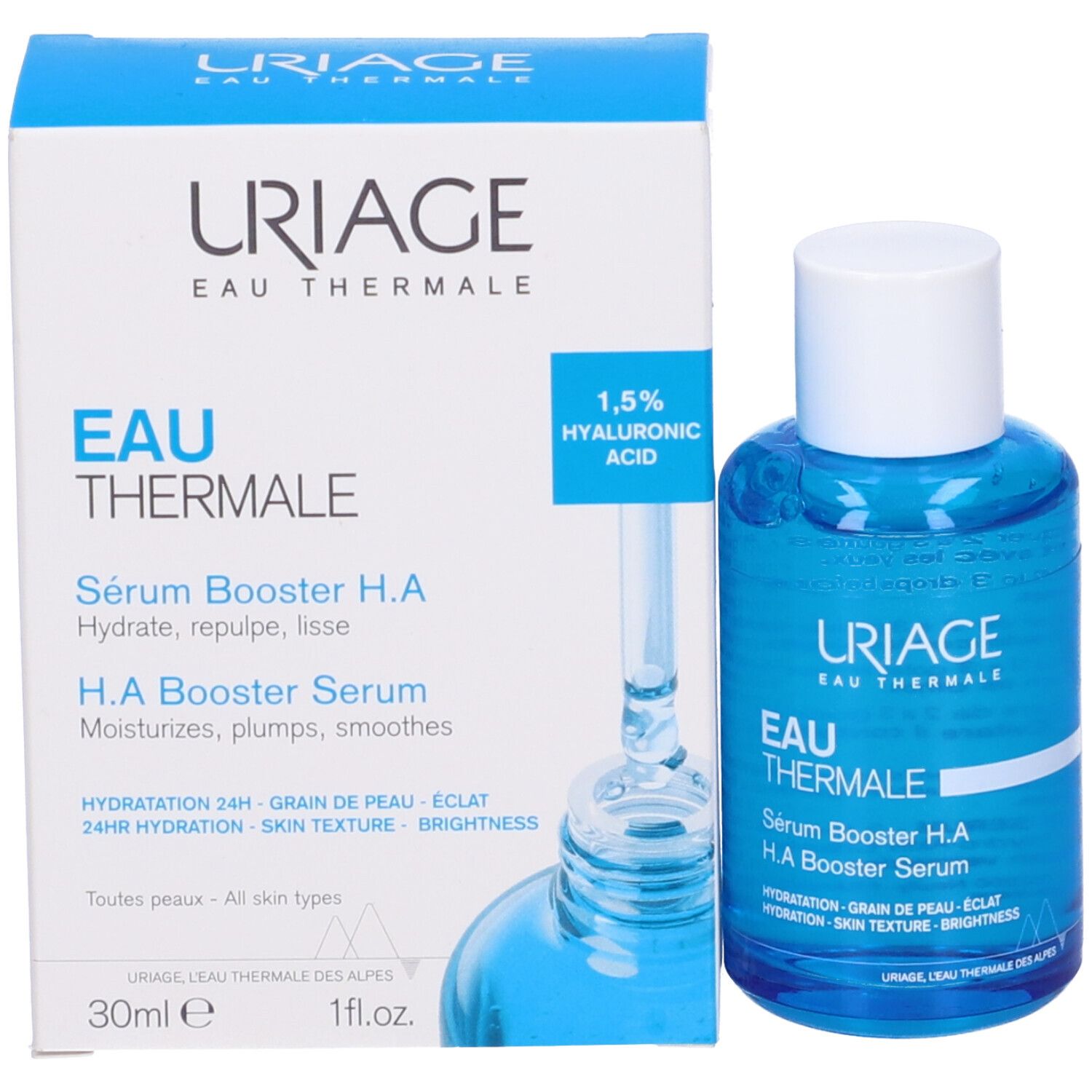 Confezione. Scritta: URIAGE EAU THERMALE, Sérum Booster H.A. 1,5% Acido Ialuronico.