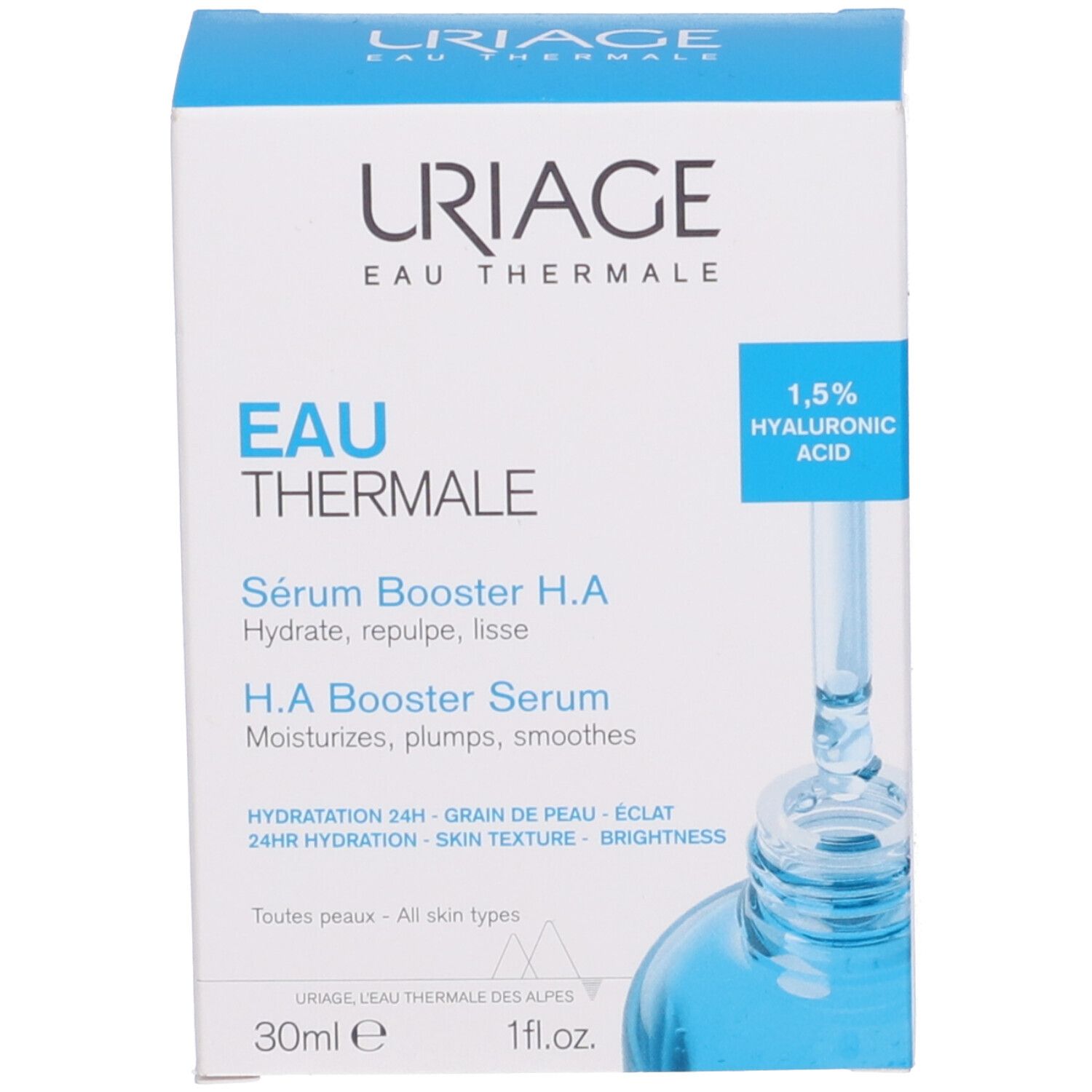 Flacone di siero con confezione. Scritta: URIAGE EAU THERMALE, Sérum Booster H.A. 1,5% Acido Ialuronico.