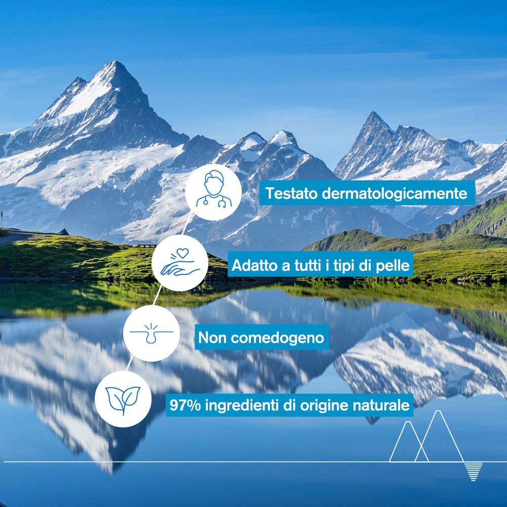 Paesaggio con montagne e lago. Testo: Testato dermatologicamente, Adatto a tutti i tipi di pelle, Non comedogeno.