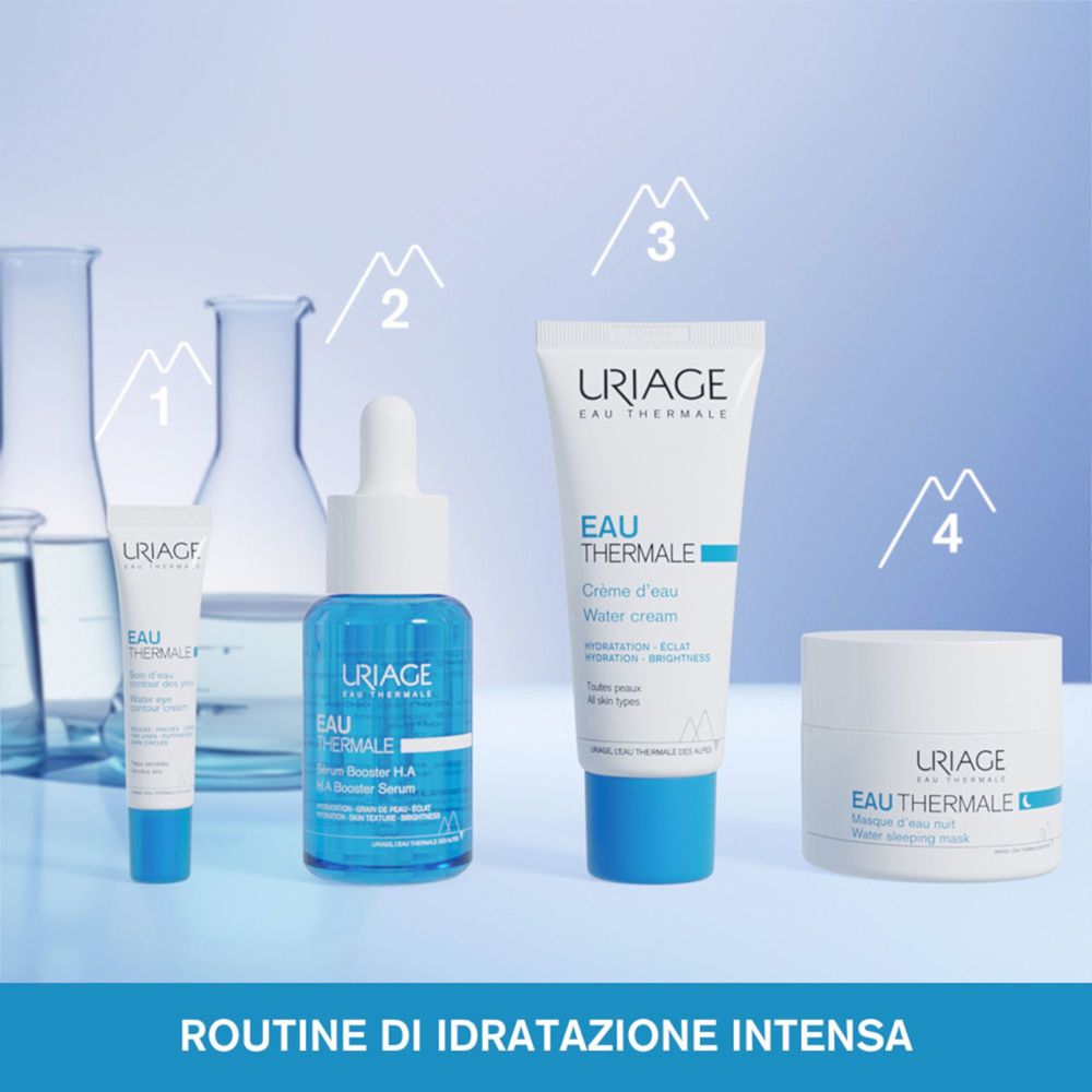 Quattro prodotti affiancati. Scritta: URIAGE. Prodotti: siero, crema, crema d'acqua, vasetto.