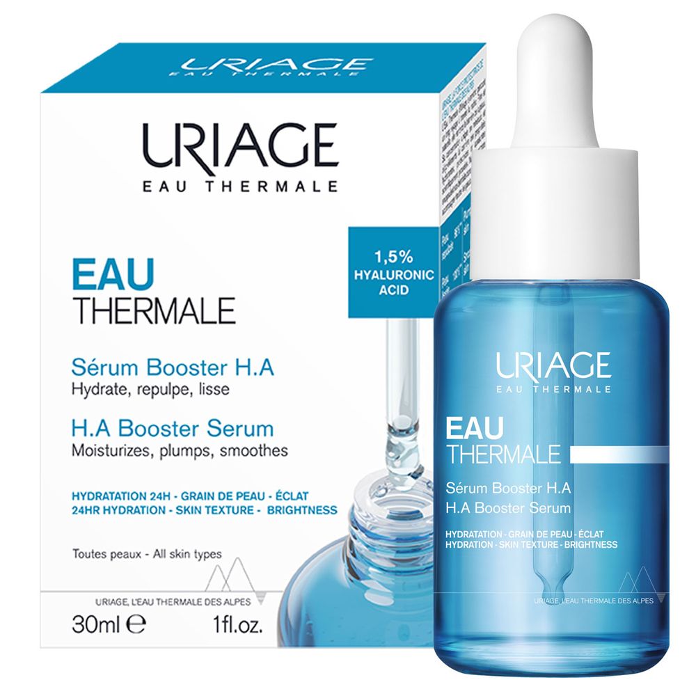 Flacone di siero con confezione. Scritta: URIAGE EAU THERMALE, Sérum Booster H.A. 1,5% Acido Ialuronico.
