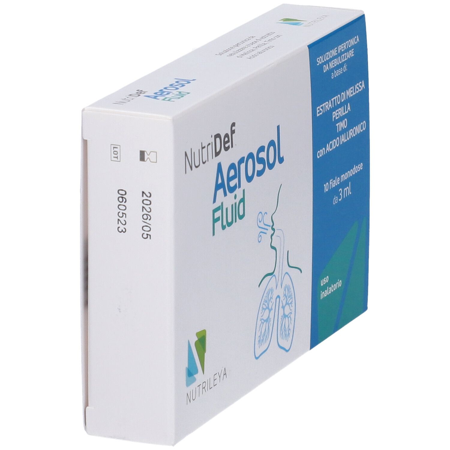 Confezione NutriDef Aerosol Fluid con illustrazione polmonare e data di scadenza.
