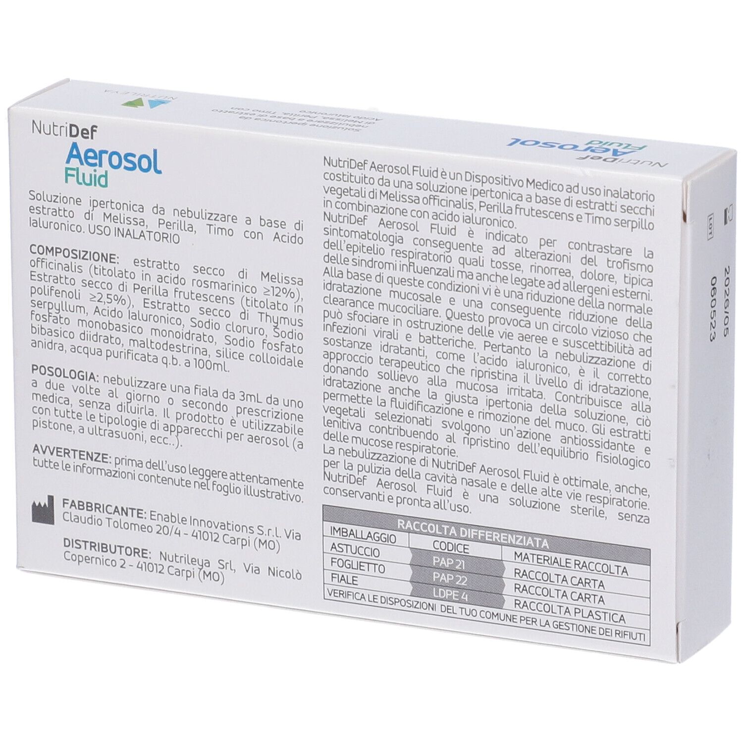 Retro della confezione NutriDef Aerosol Fluid con informazioni dettagliate sul prodotto.