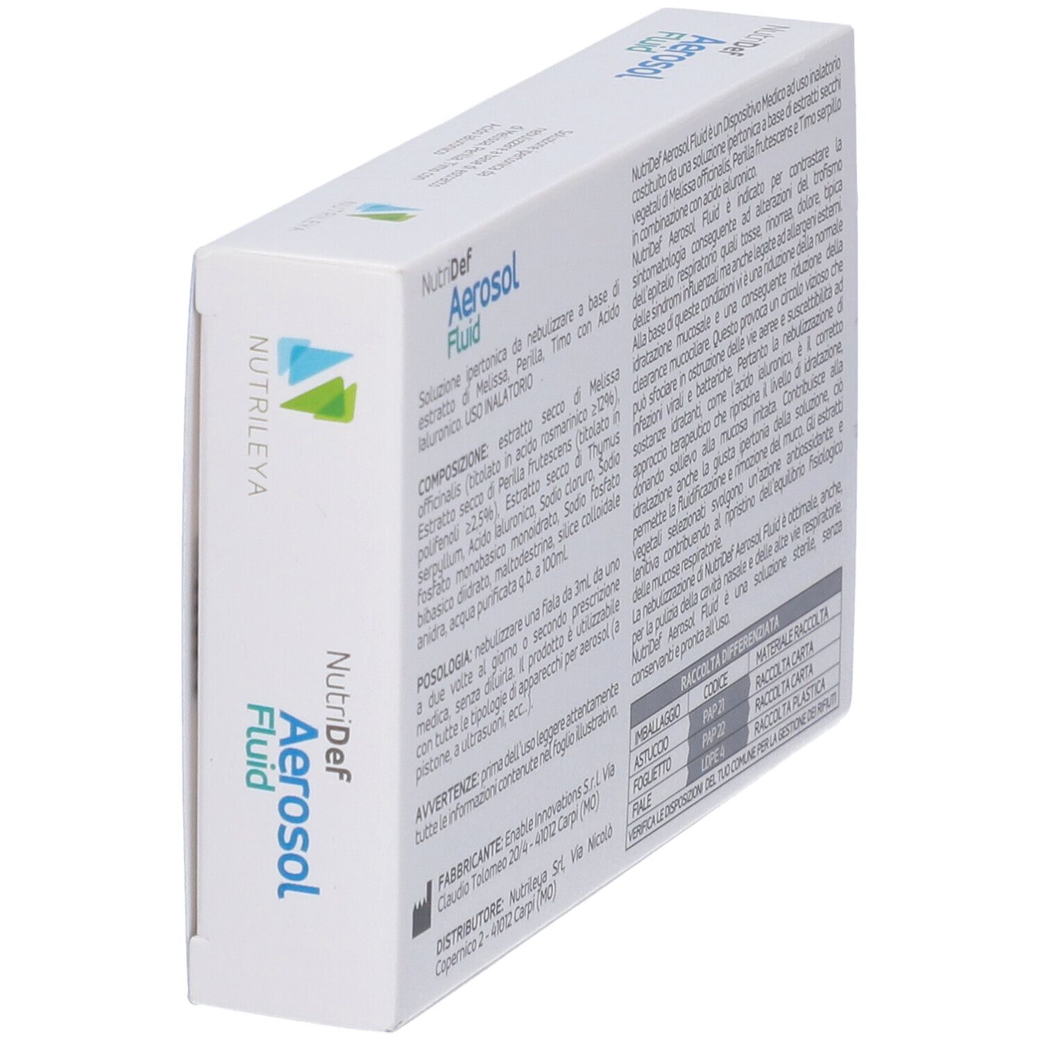 Lato della confezione NutriDef Aerosol Fluid con informazioni sul prodotto e simboli di riciclo.