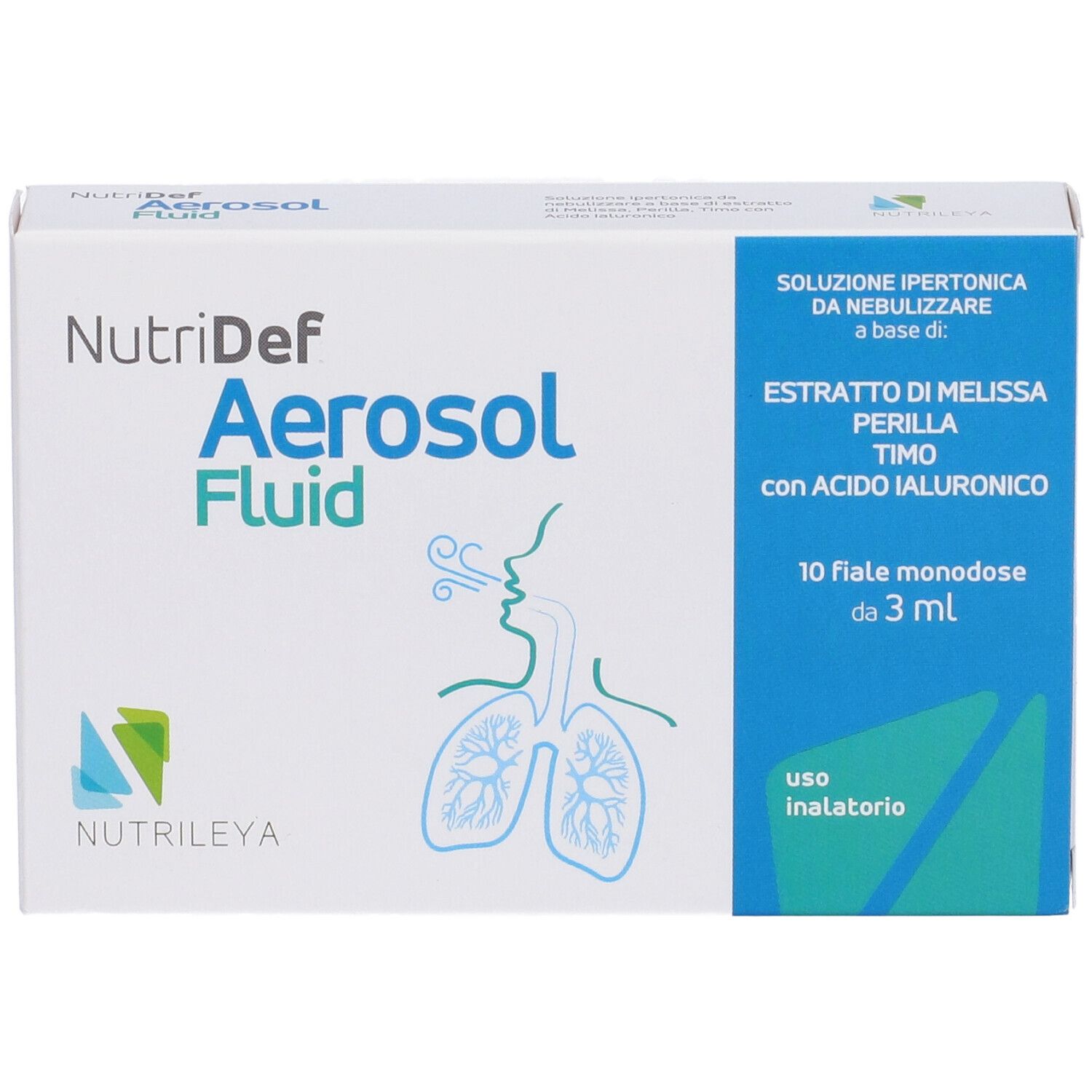 Confezione NutriDef Aerosol Fluid con illustrazione polmonare e testo.