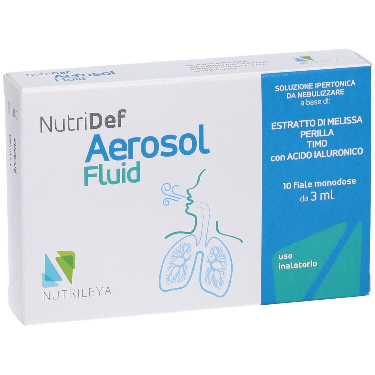 Confezione NutriDef Aerosol Fluid con illustrazione polmonare e testo.